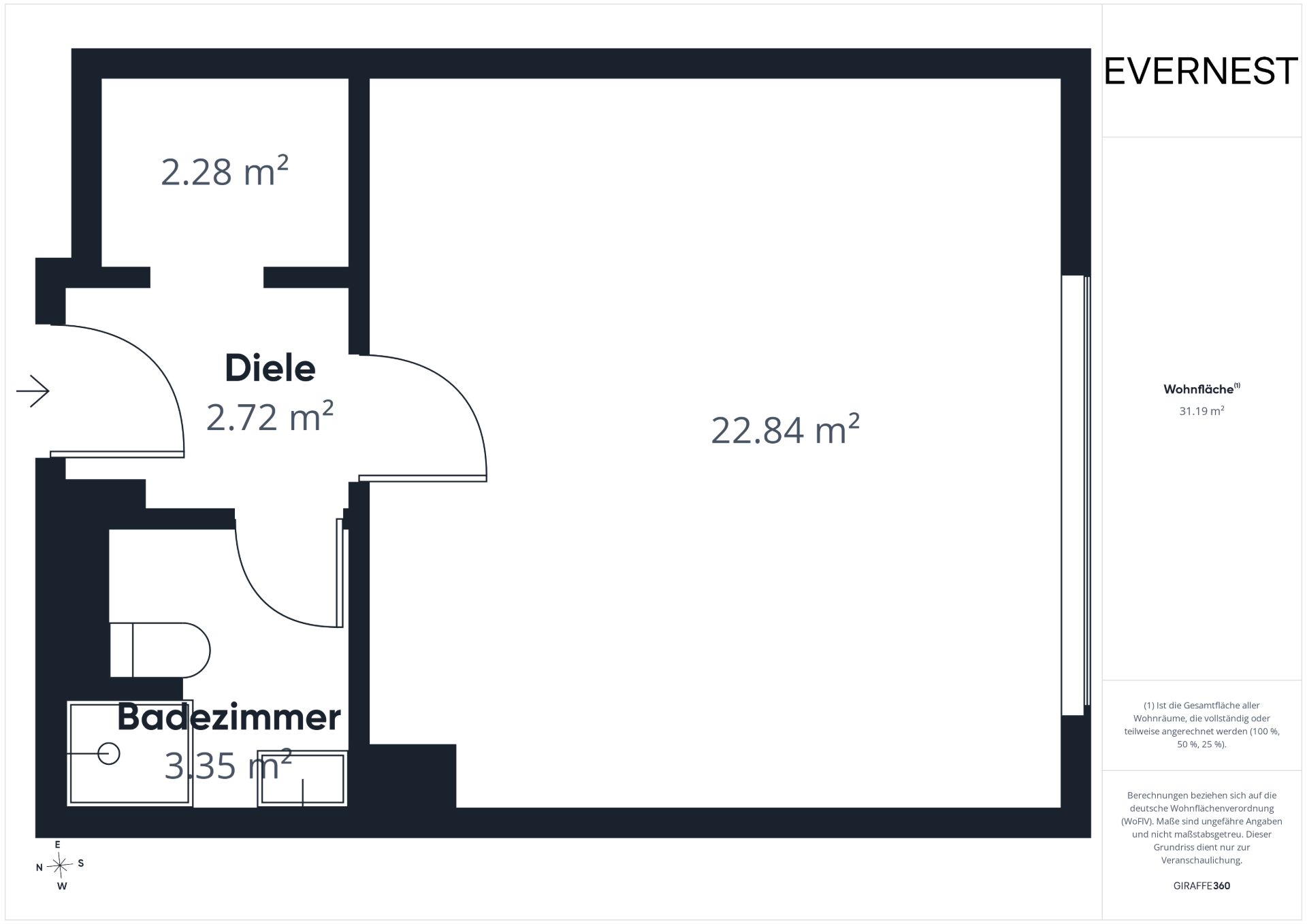 Grundriss mit Diele, Badezimmer und großem Wohnraum, Flächenangaben in Quadratmetern.