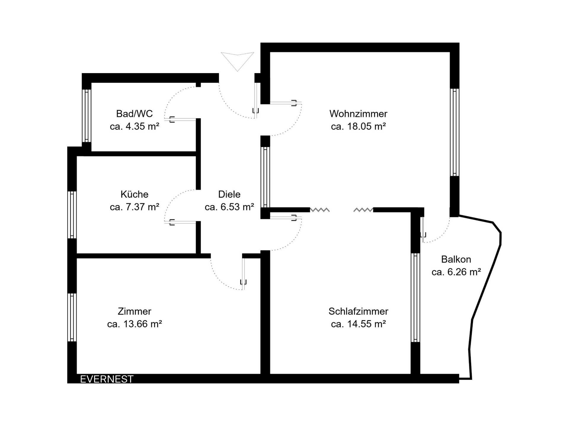 Grundriss mit Wohnzimmer, Schlafzimmer, Balkon, Küche, Bad, Diele und einem weiteren Zimmer.