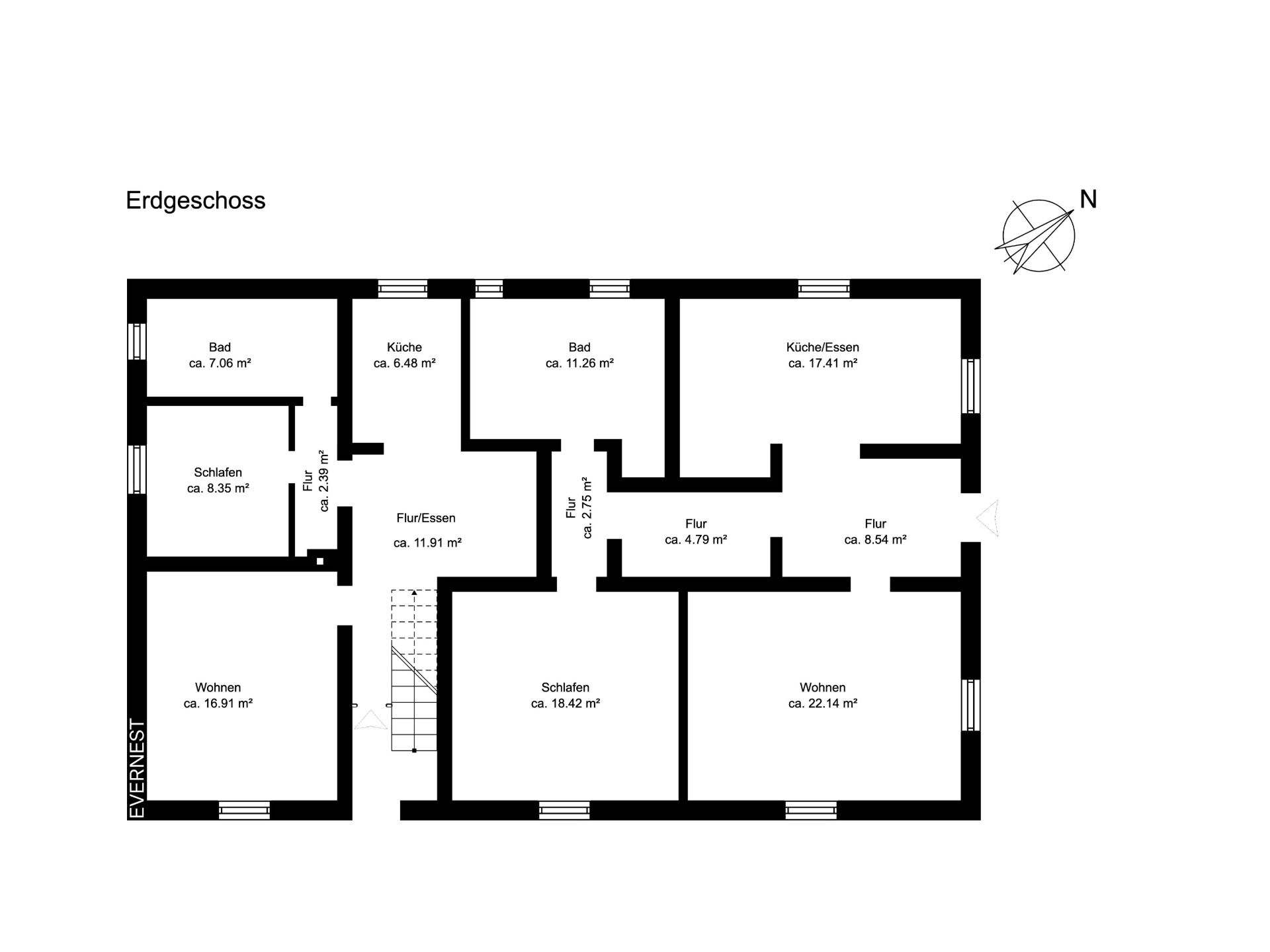 Grundriss des Erdgeschosses mit Wohn-, Schlaf-, Bad-, Küchen- und Flurbereichen, Flächenangaben in qm.