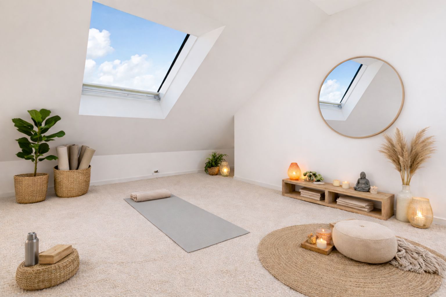 Heller Raum mit Yogamatte, Kissen, Pflanzen, Spiegel und Dekoration unter Dachschräge.