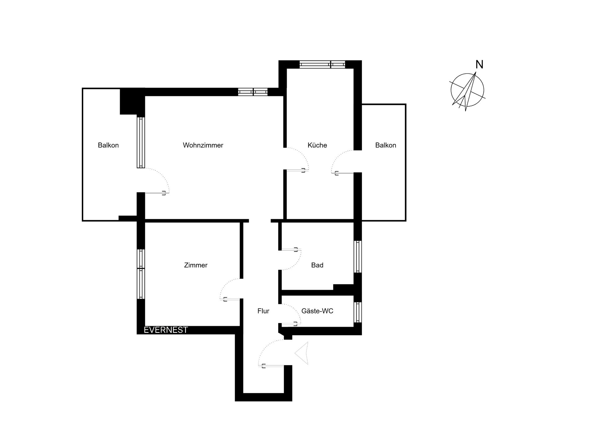 Grundriss mit Wohnzimmer, Zimmer, Küche, Bad, Gäste-WC, Flur und zwei Balkonen.