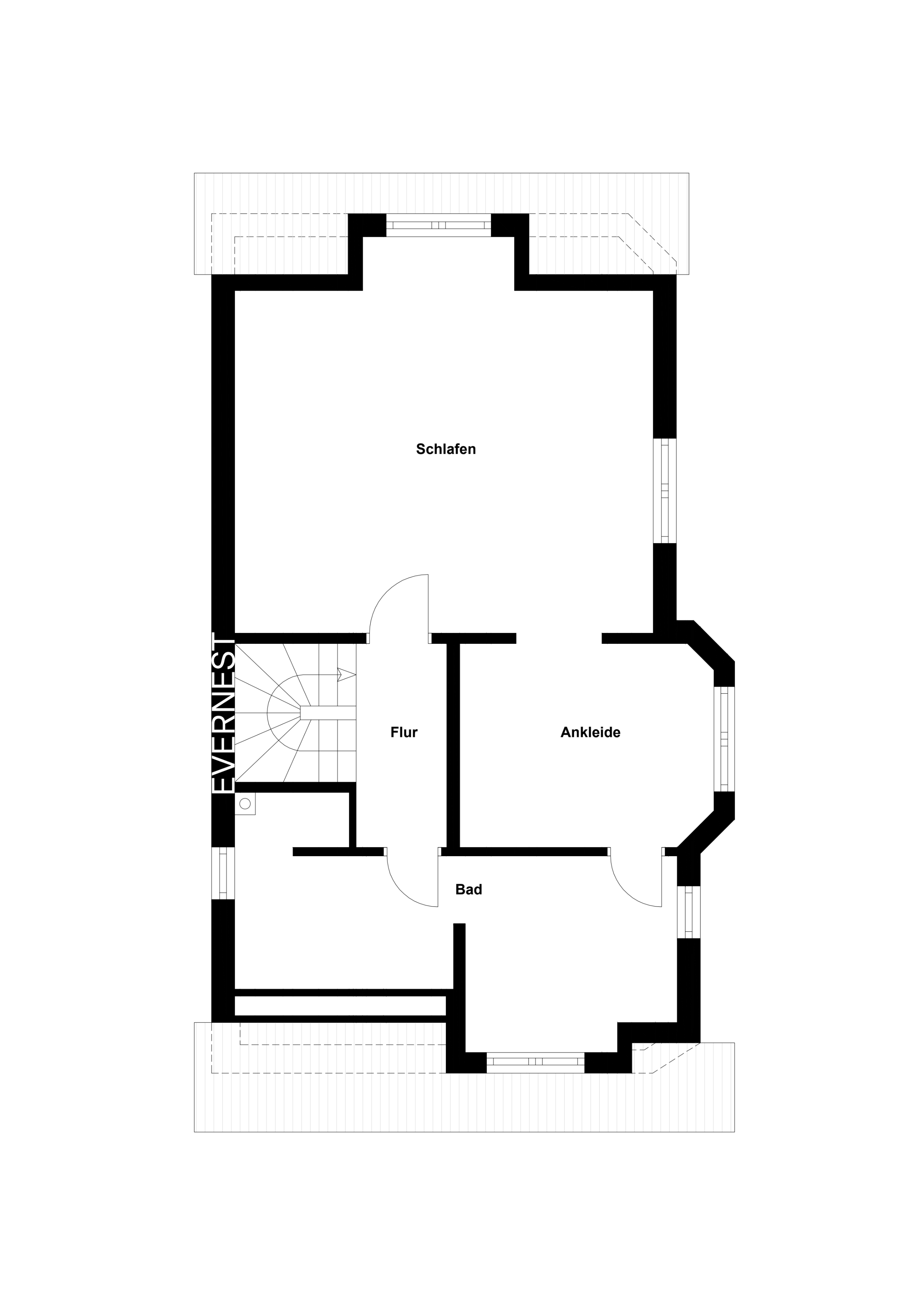 Grundriss mit Schlafzimmer, Ankleide, Bad, Flur und Treppe.