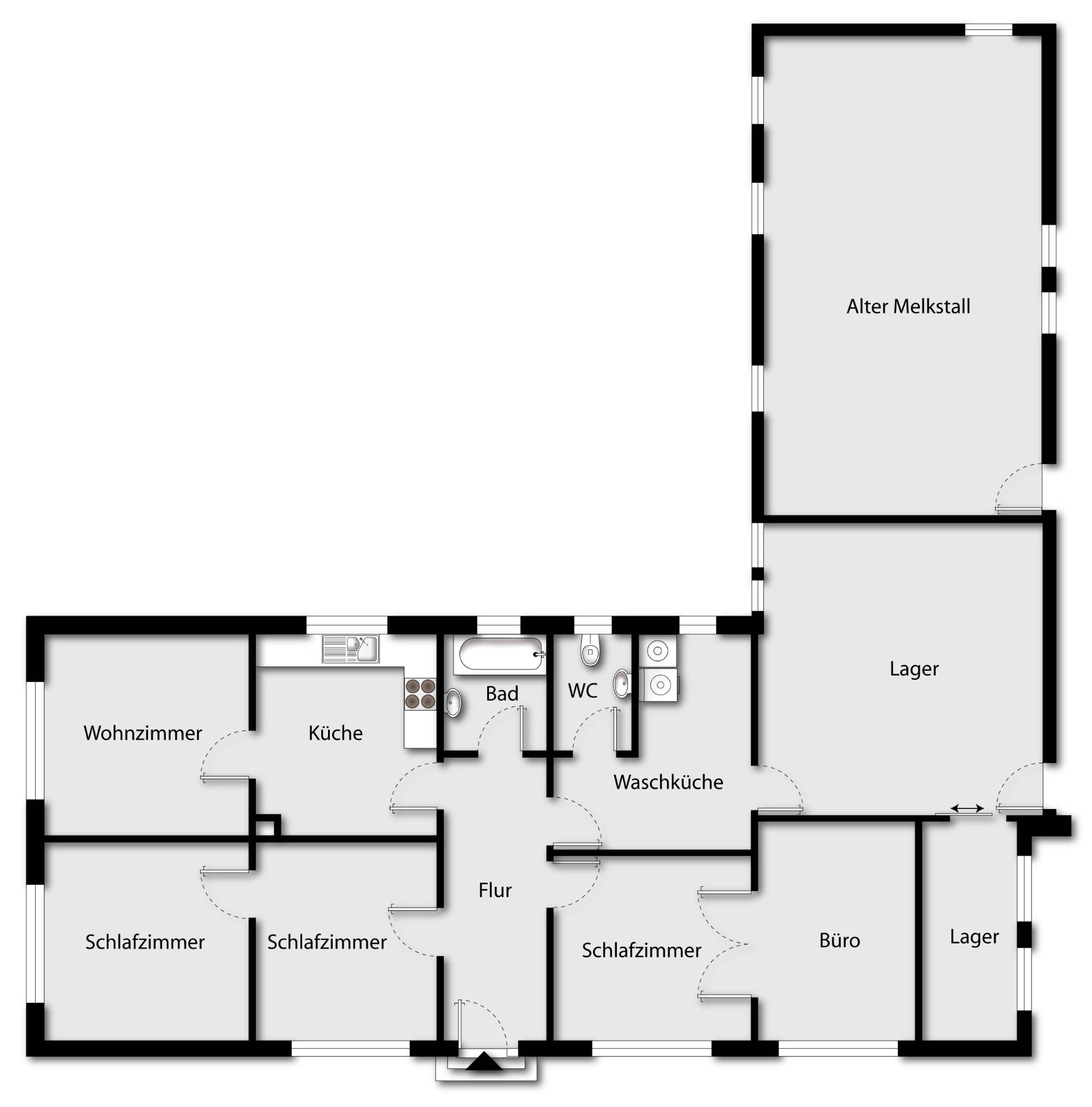 Grundriss mit Wohnzimmer, Küche, mehreren Schlafzimmern, Bad, Büro und Lagerräumen.