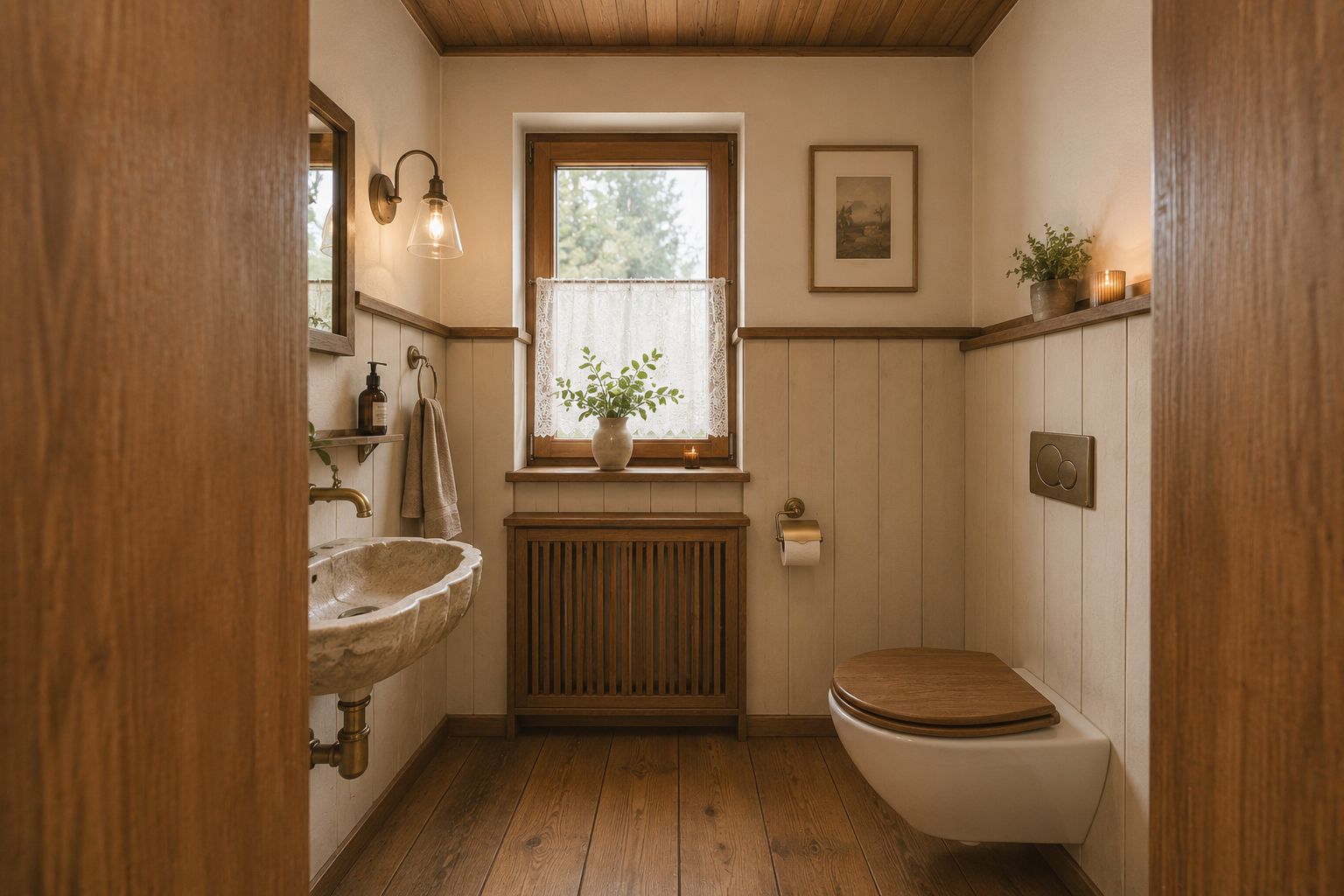 Helles Badezimmer mit Holzdekor, Wandtoilette, Waschbecken und Fensterpflanze.