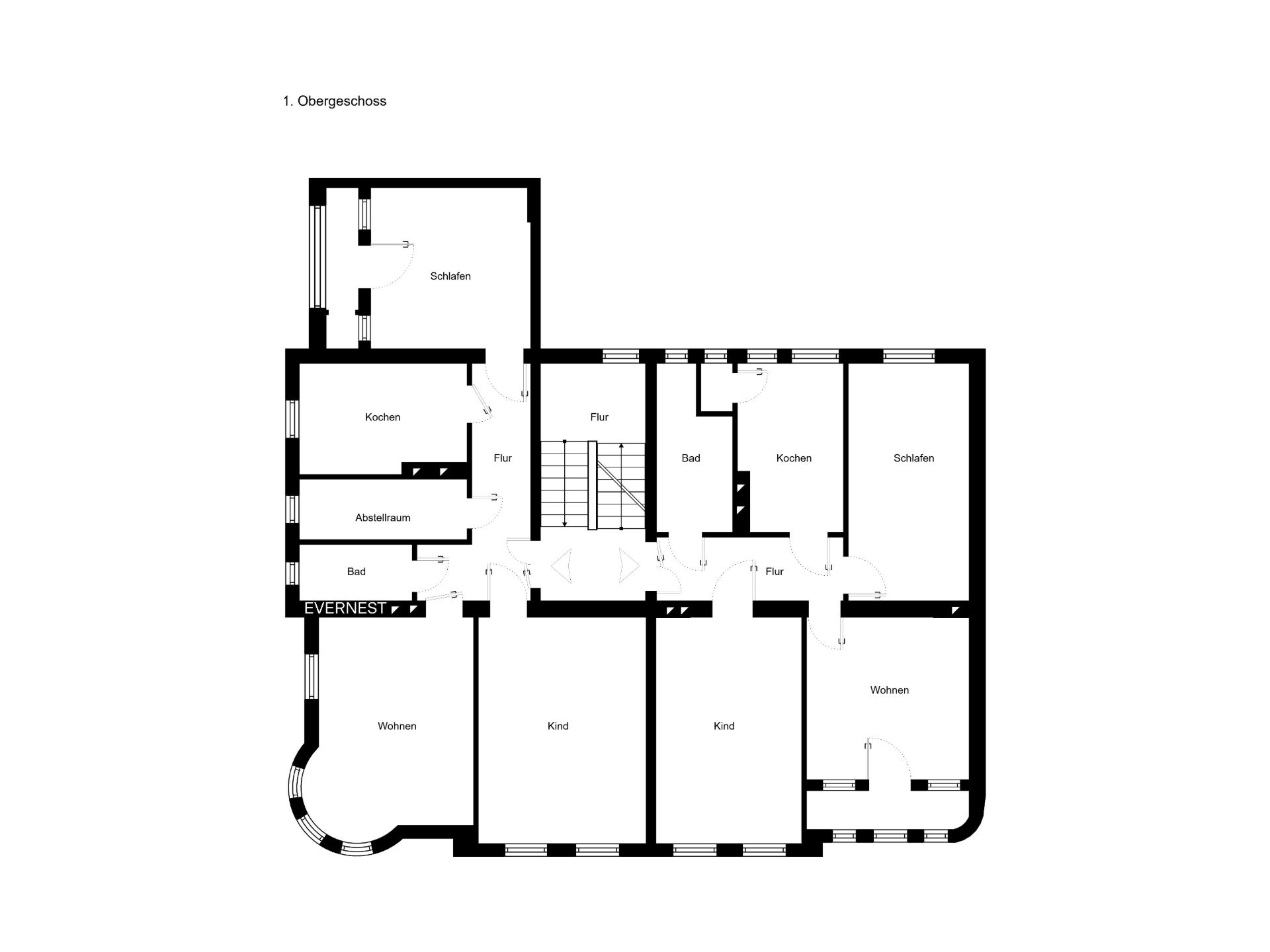 Grundriss des 1. Obergeschosses mit Schlaf-, Wohn-, Kinderzimmern, Küchen und Bädern.