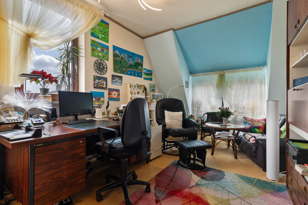 Wohnzimmer mit Schreibtisch, Computer, Regalen, Pflanzen und Sitzbereich mit Sofas und Couchtisch.