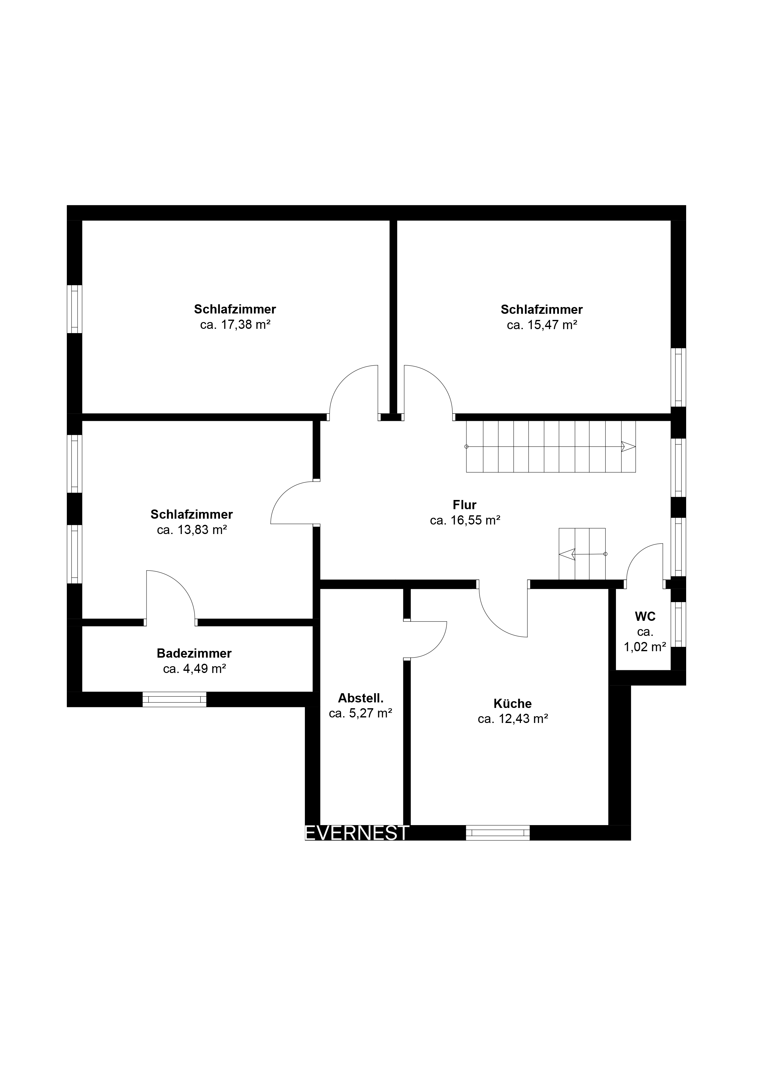 Grundriss mit drei Schlafzimmern, Küche, Badezimmer, WC, Abstellraum und Flur.