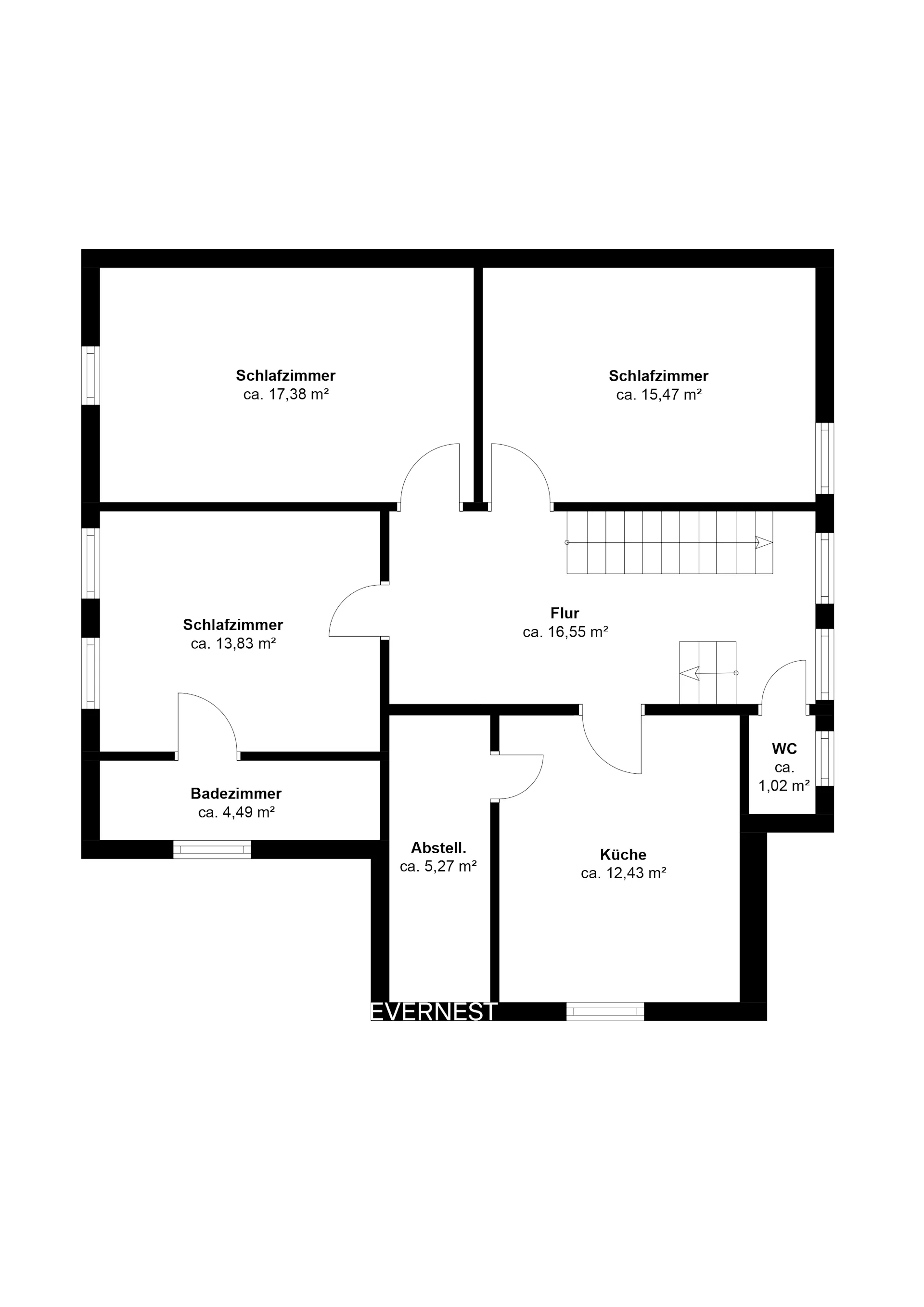 Grundriss mit drei Schlafzimmern, Küche, Badezimmer, WC, Abstellraum und Flur.