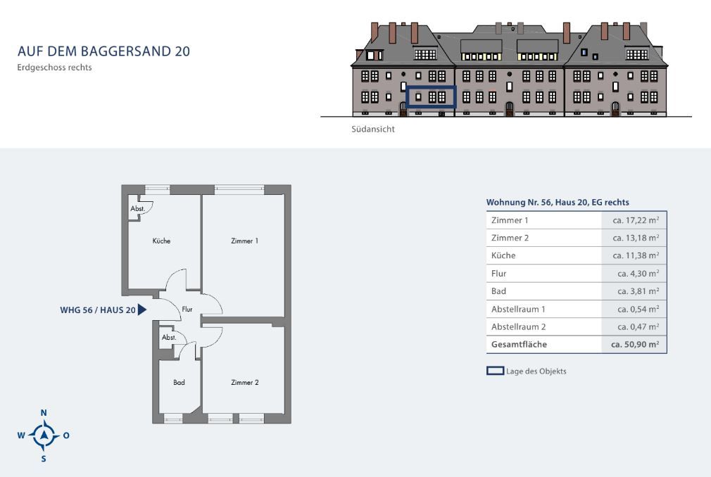 Grundriss einer Wohnung mit zwei Zimmern, Küche, Bad und Abstellräumen sowie Außenansicht des Gebäudes.