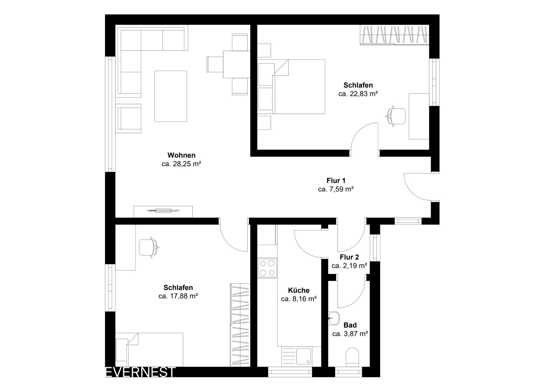 Grundriss einer Wohnung mit zwei Schlafzimmern, Wohnzimmer, Küche, Bad und zwei Fluren.