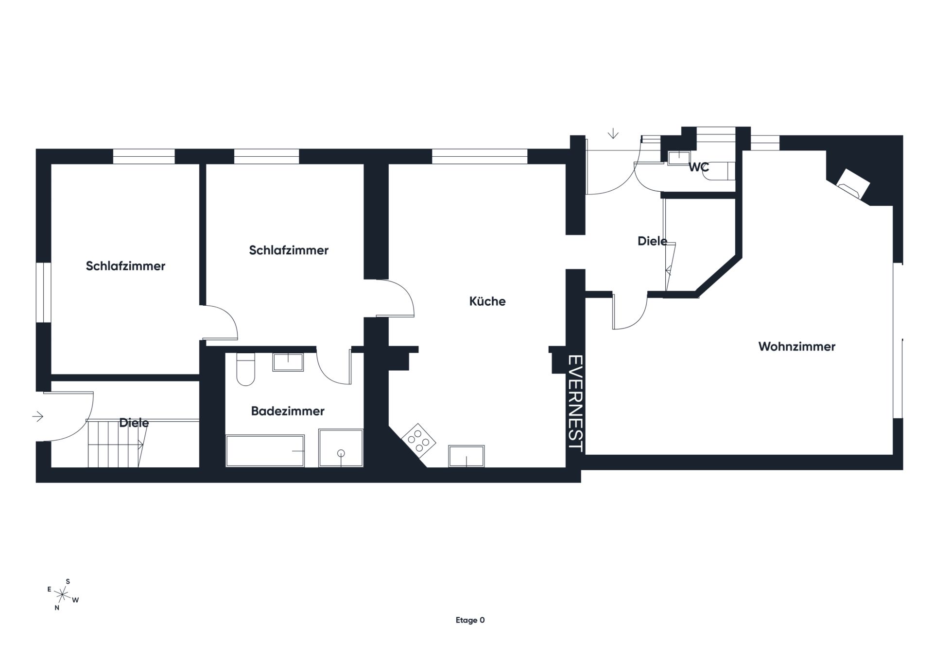 Grundriss einer Wohnung mit zwei Schlafzimmern, Wohnzimmer, Küche, Bad, WC und Diele.
