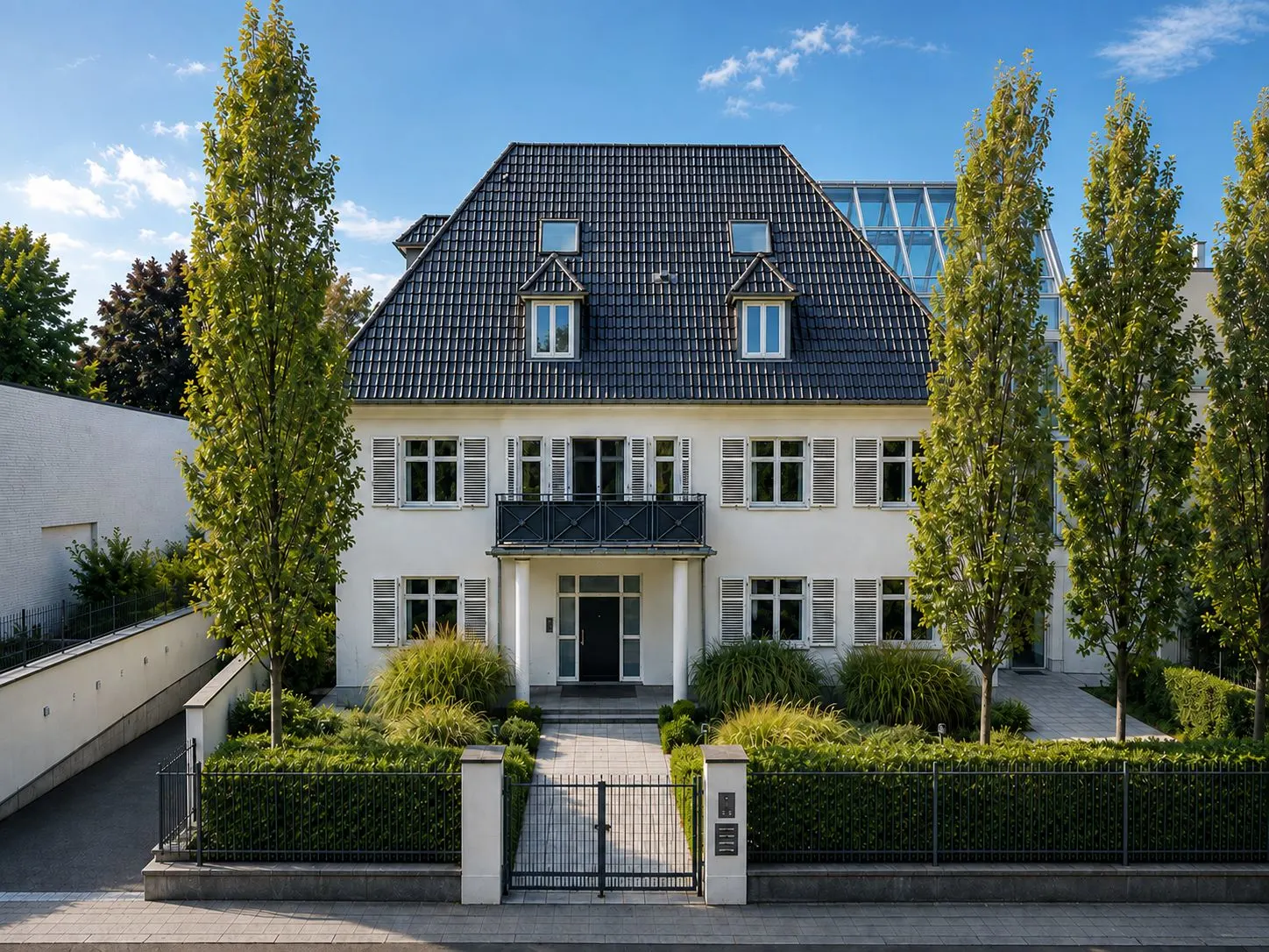 Zweistöckiges Wohnhaus mit dunklem Dach, Balkon und Garten, von Bäumen umgeben.