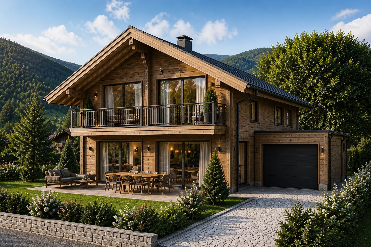 Modernes Holzhaus mit Balkon, Terrasse und Garage, umgeben von Garten und Bäumen.
