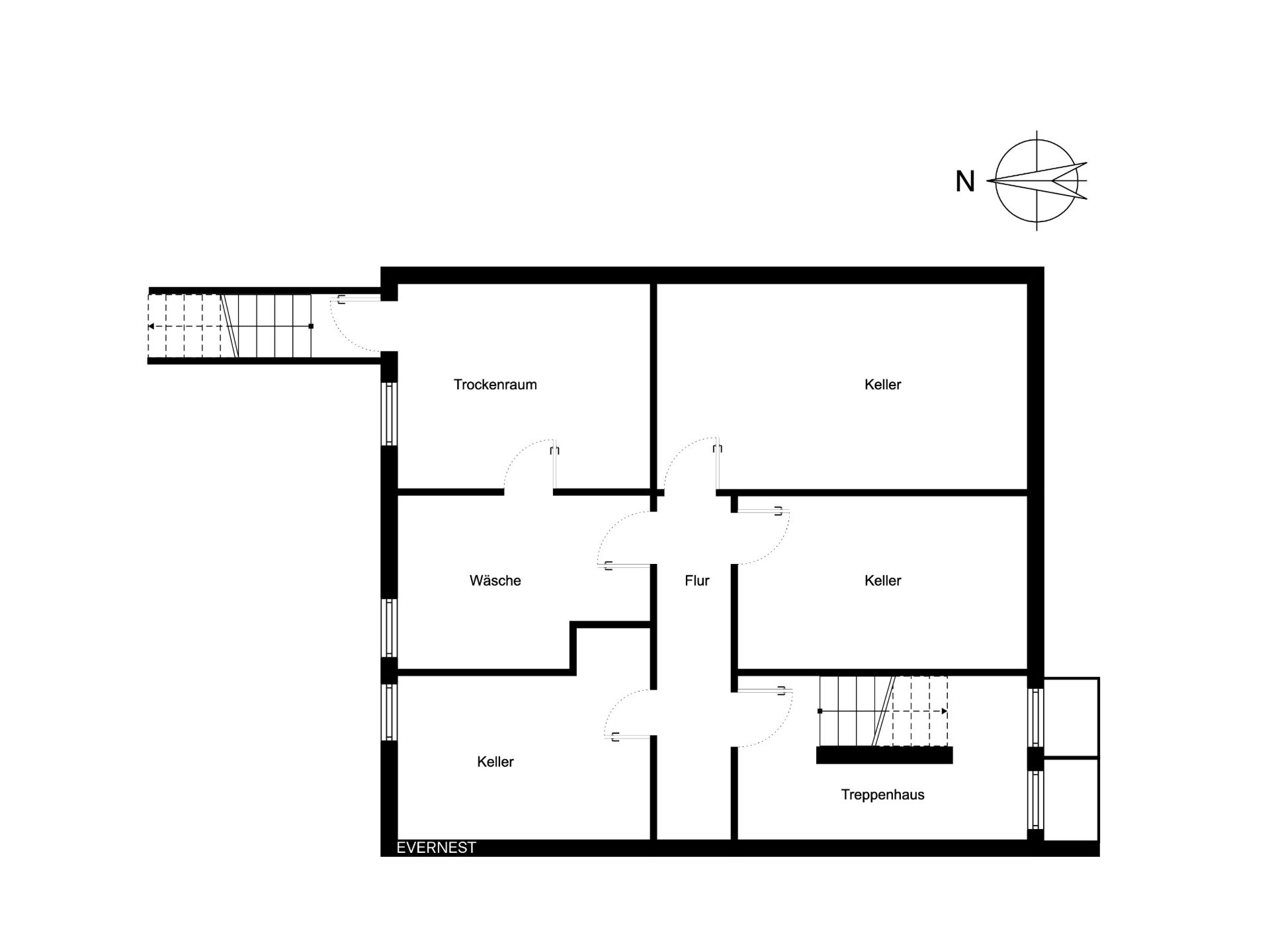 Grundriss eines Kellers mit Trockenraum, Waschküche, Flur, mehreren Kellerräumen und Treppenhaus.