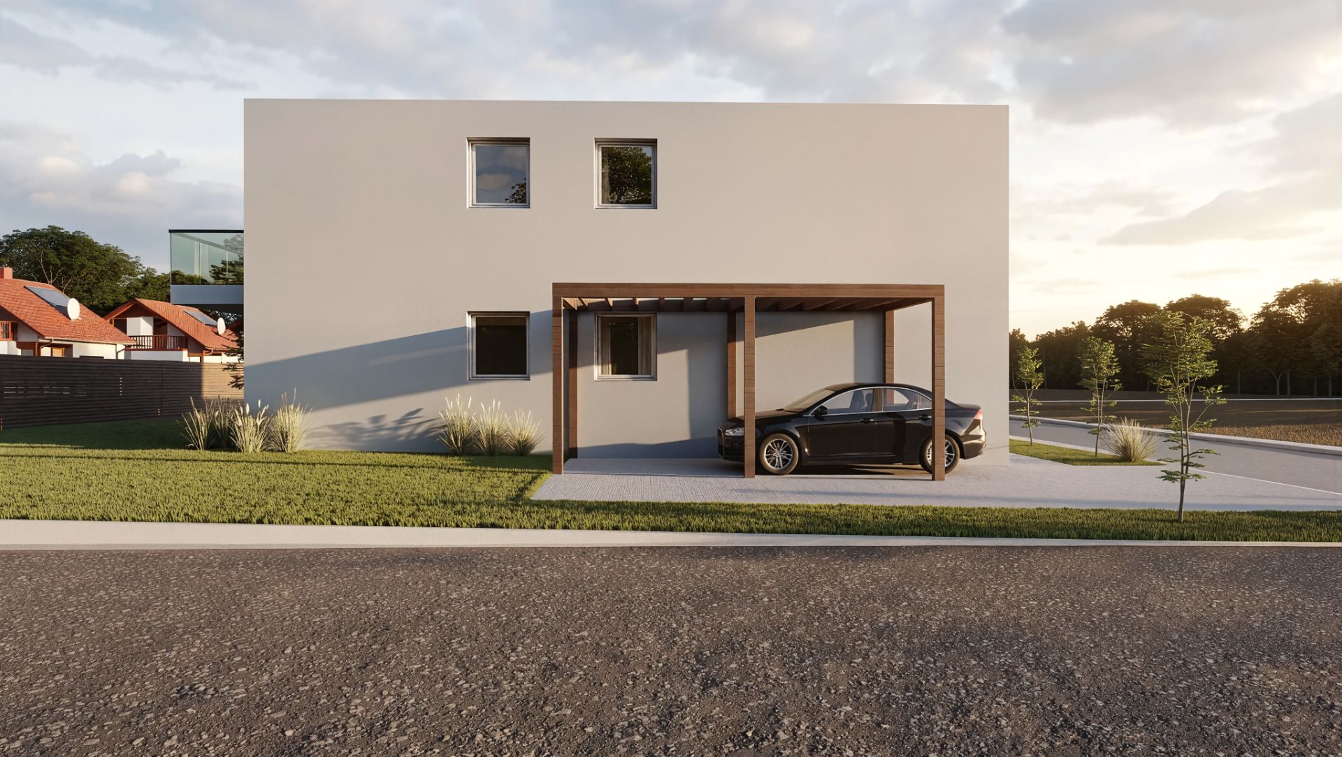 Modernes Wohnhaus mit Carport und geparktem Auto, davor gepflegter Rasen und Straße.