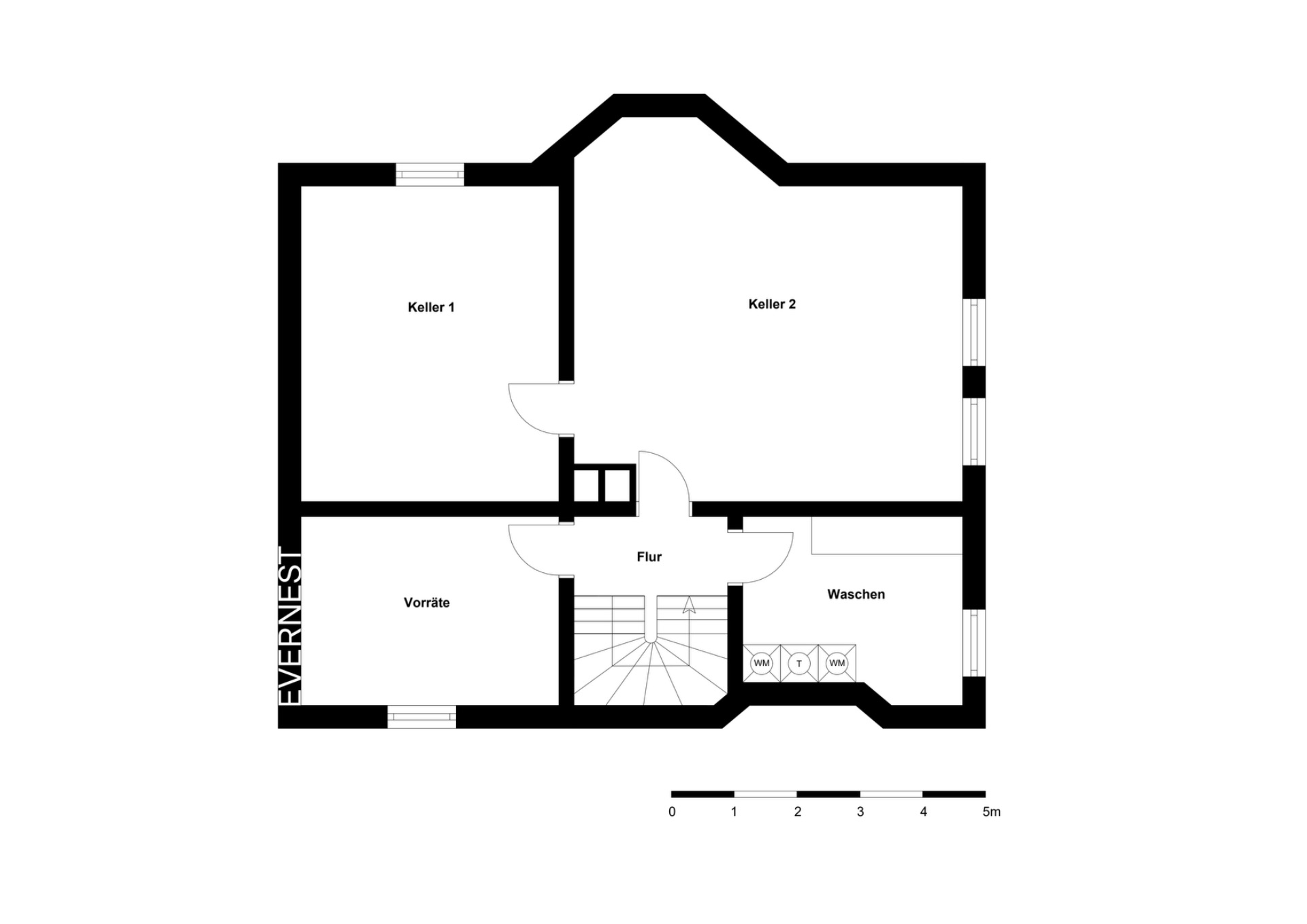 Grundriss eines Kellers mit Räumen für Vorräte, Waschen, Keller 1, Keller 2 und Flur.