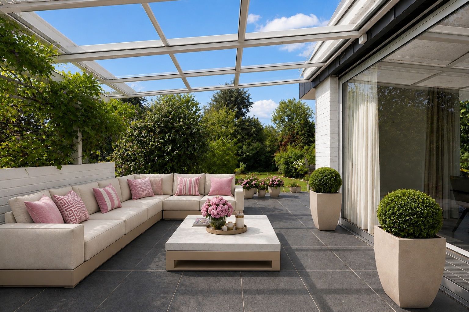 Moderne Terrasse mit Glasdach, Sofa, Couchtisch und Pflanzen in großen Töpfen.