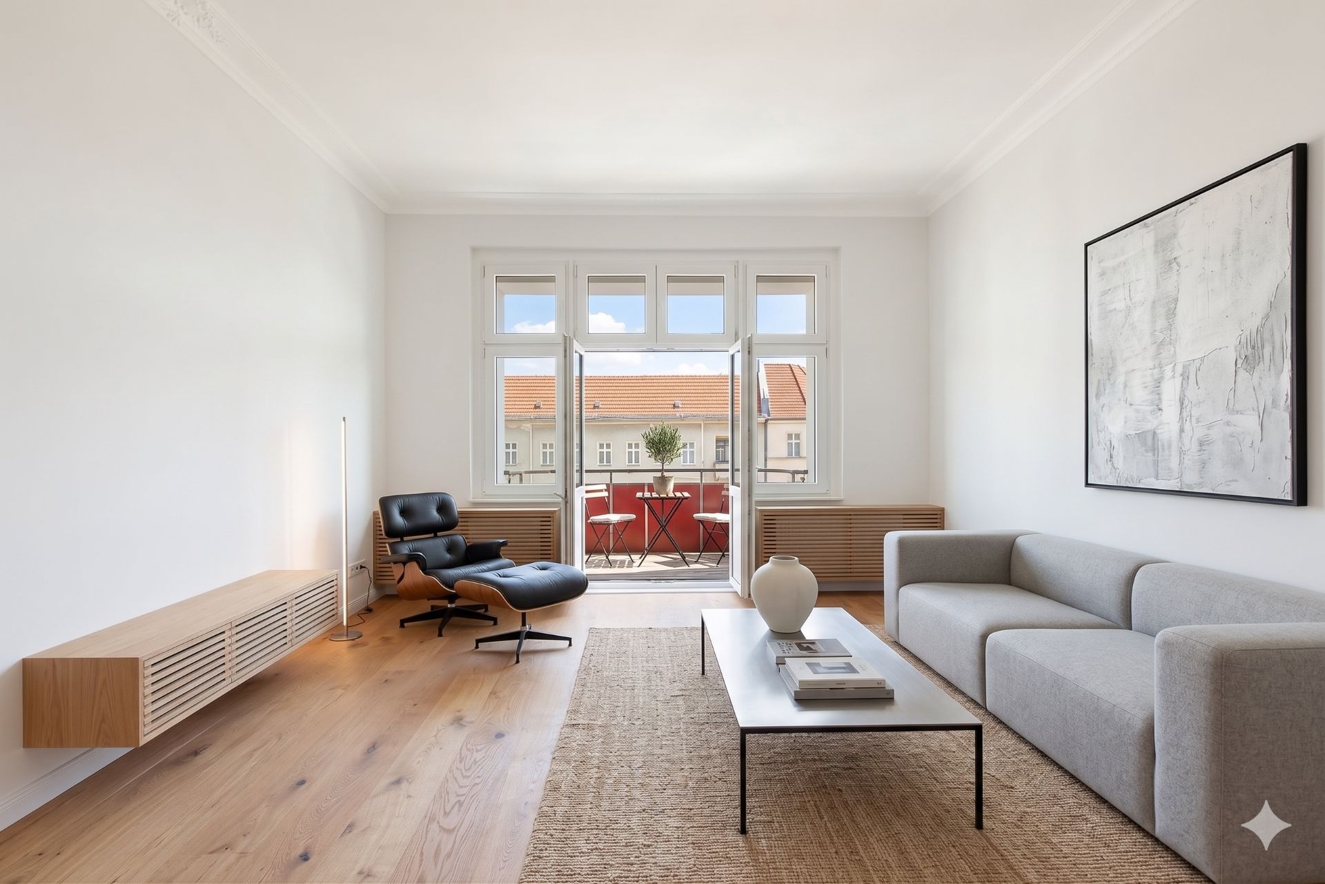 Modernes Wohnzimmer mit grauem Sofa, Sessel, Couchtisch und Zugang zu einem Balkon mit zwei Stühlen.