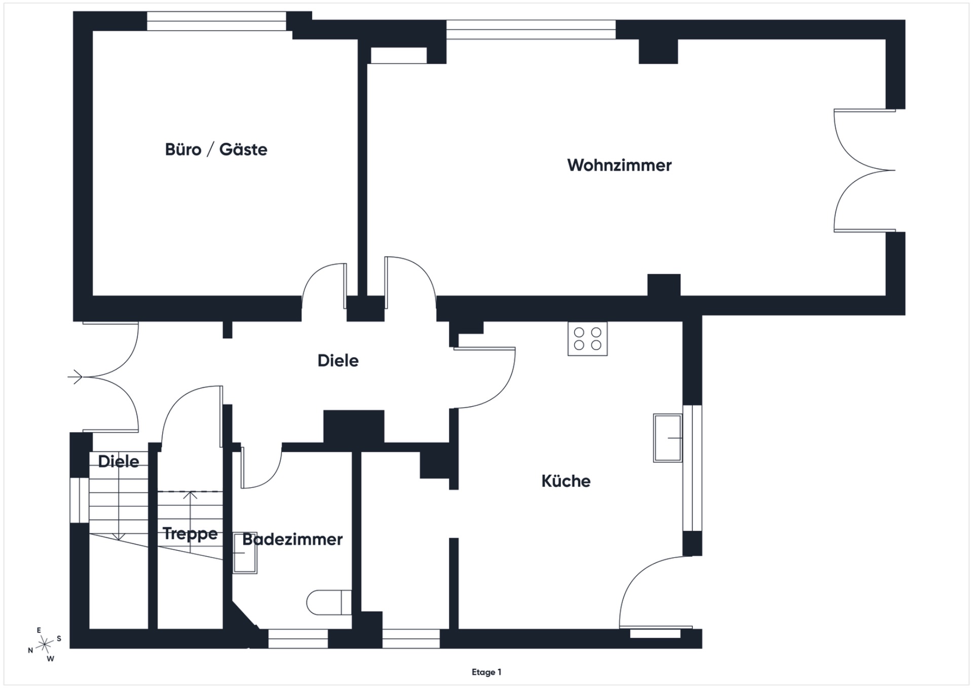 Grundriss mit Wohnzimmer, Küche, Büro/Gästezimmer, Badezimmer, Diele und Treppe.