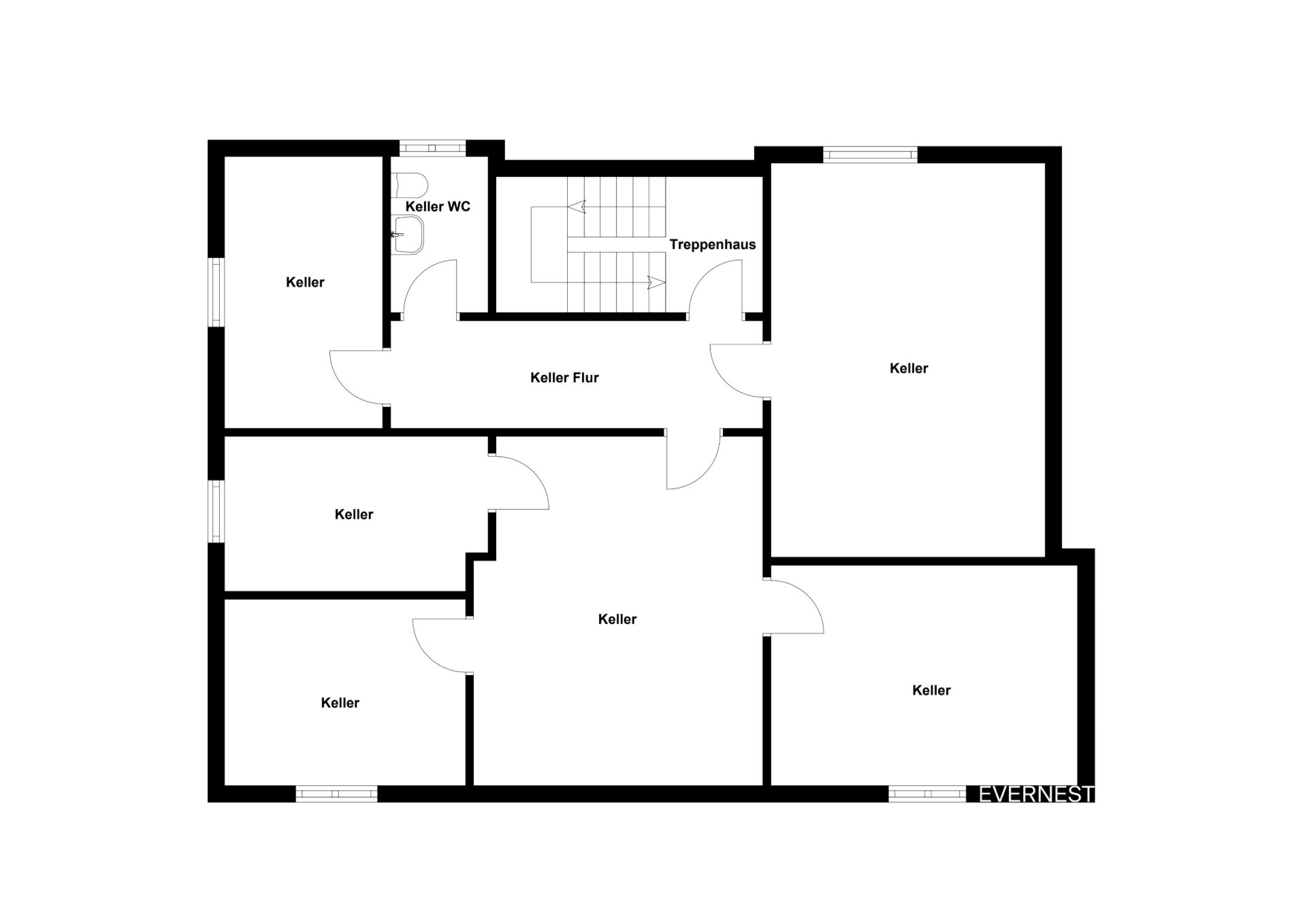 Grundriss eines Kellers mit mehreren Räumen, Flur, WC und Treppenhaus.