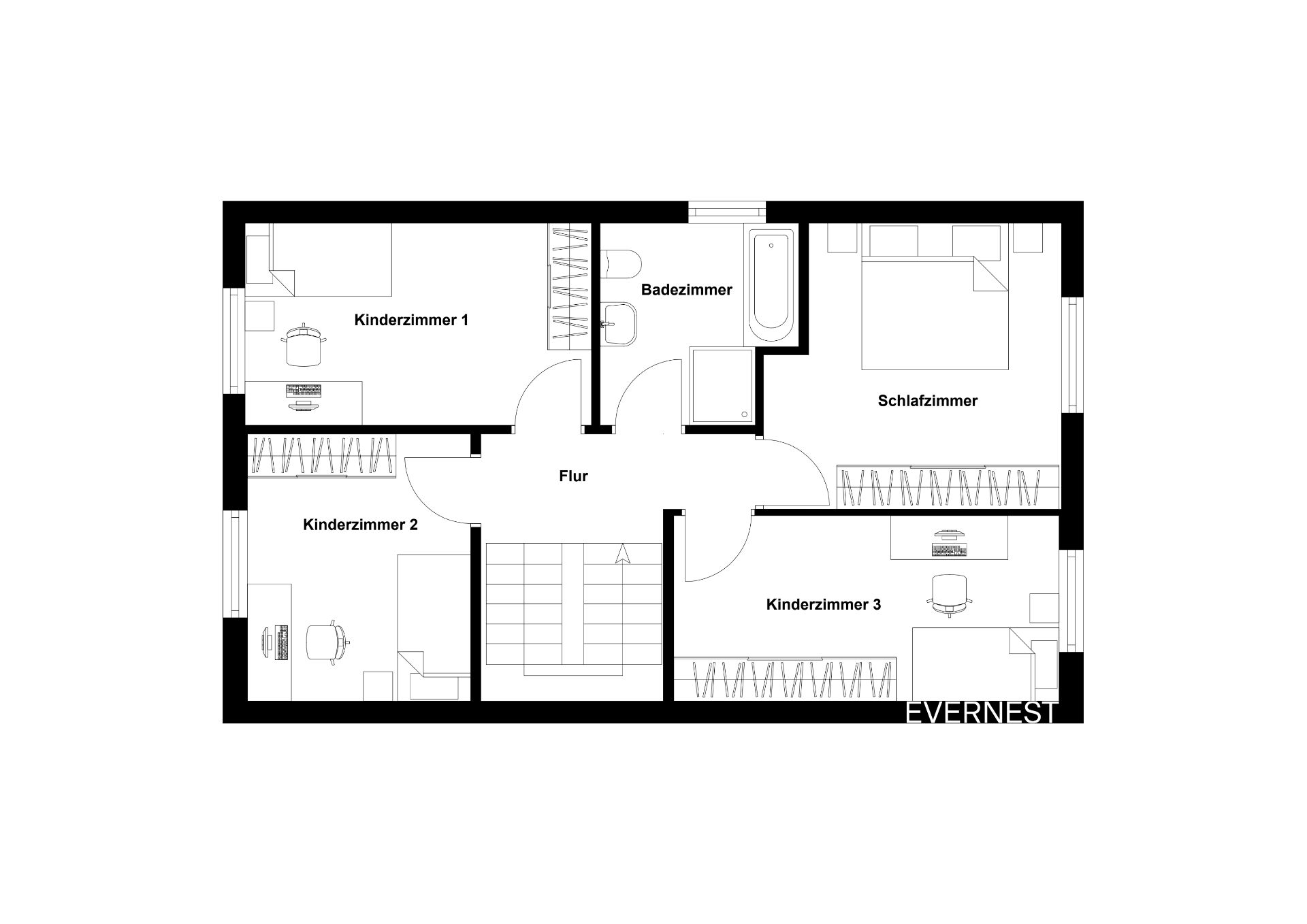 Grundriss mit drei Kinderzimmern, Schlafzimmer, Badezimmer und Flur.