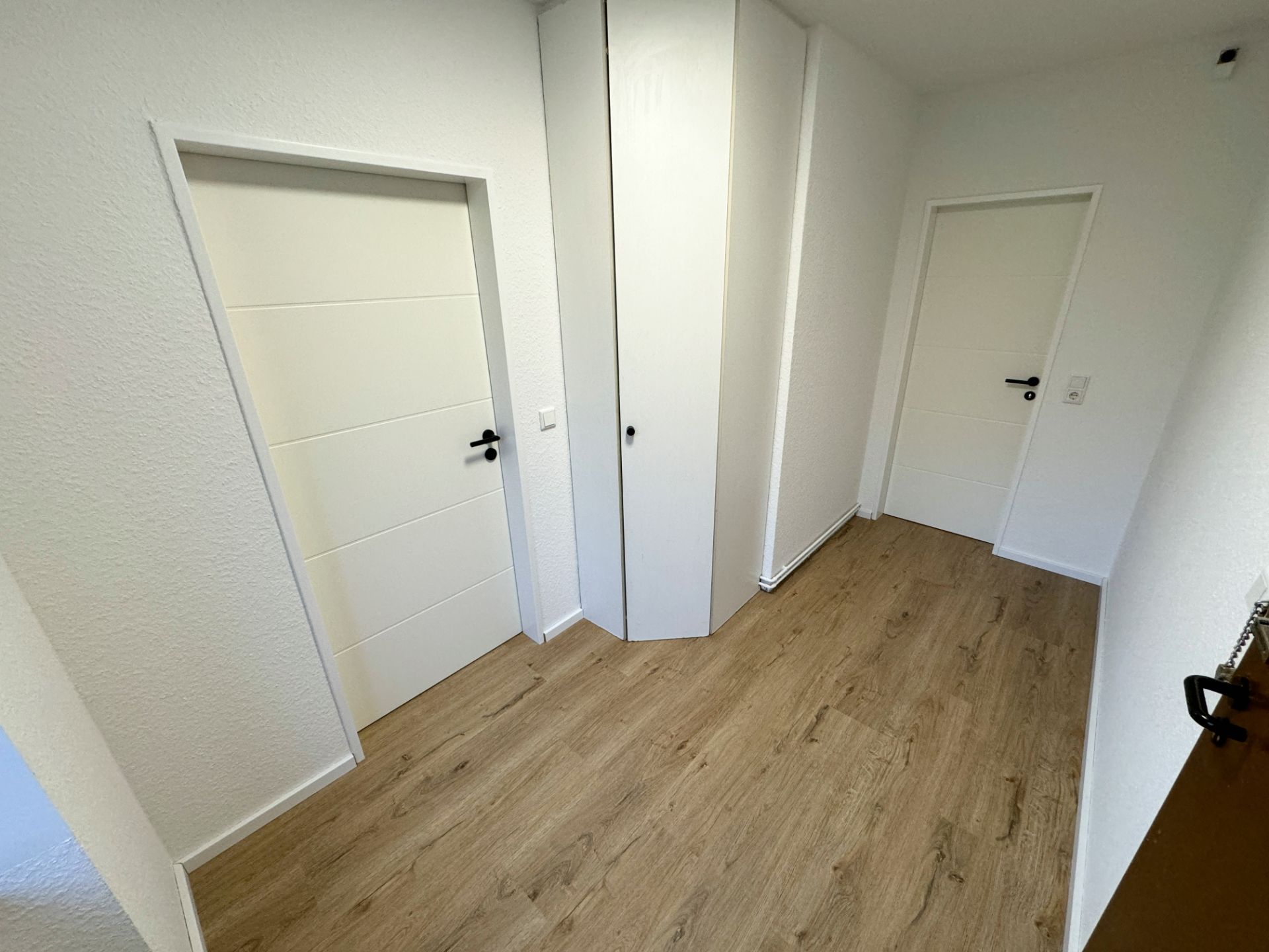 Heller Flur mit zwei weißen Türen, Holzfußboden und Einbauschrank in einer Wohnung.