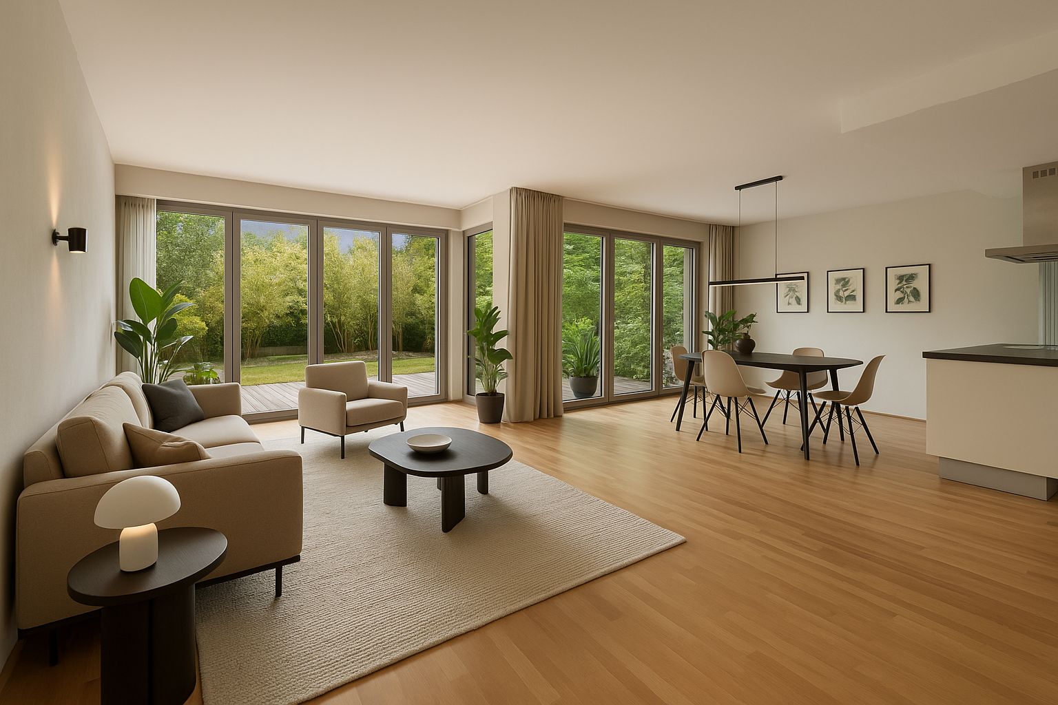 Modernes Wohnzimmer mit großen Fenstern, Holzboden, Sofa, Esstisch und Pflanzen.