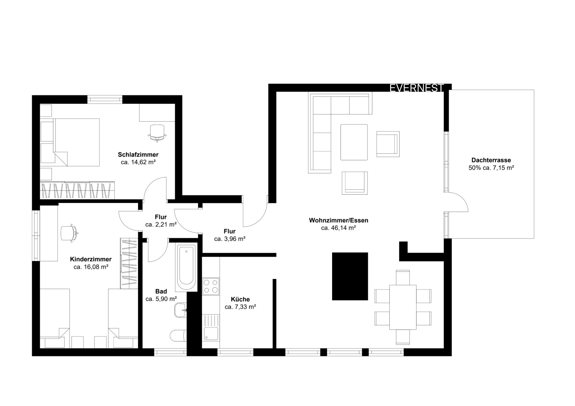 Grundriss mit Schlafzimmer, Kinderzimmer, Bad, Küche, Wohnzimmer/Essbereich und Dachterrasse.