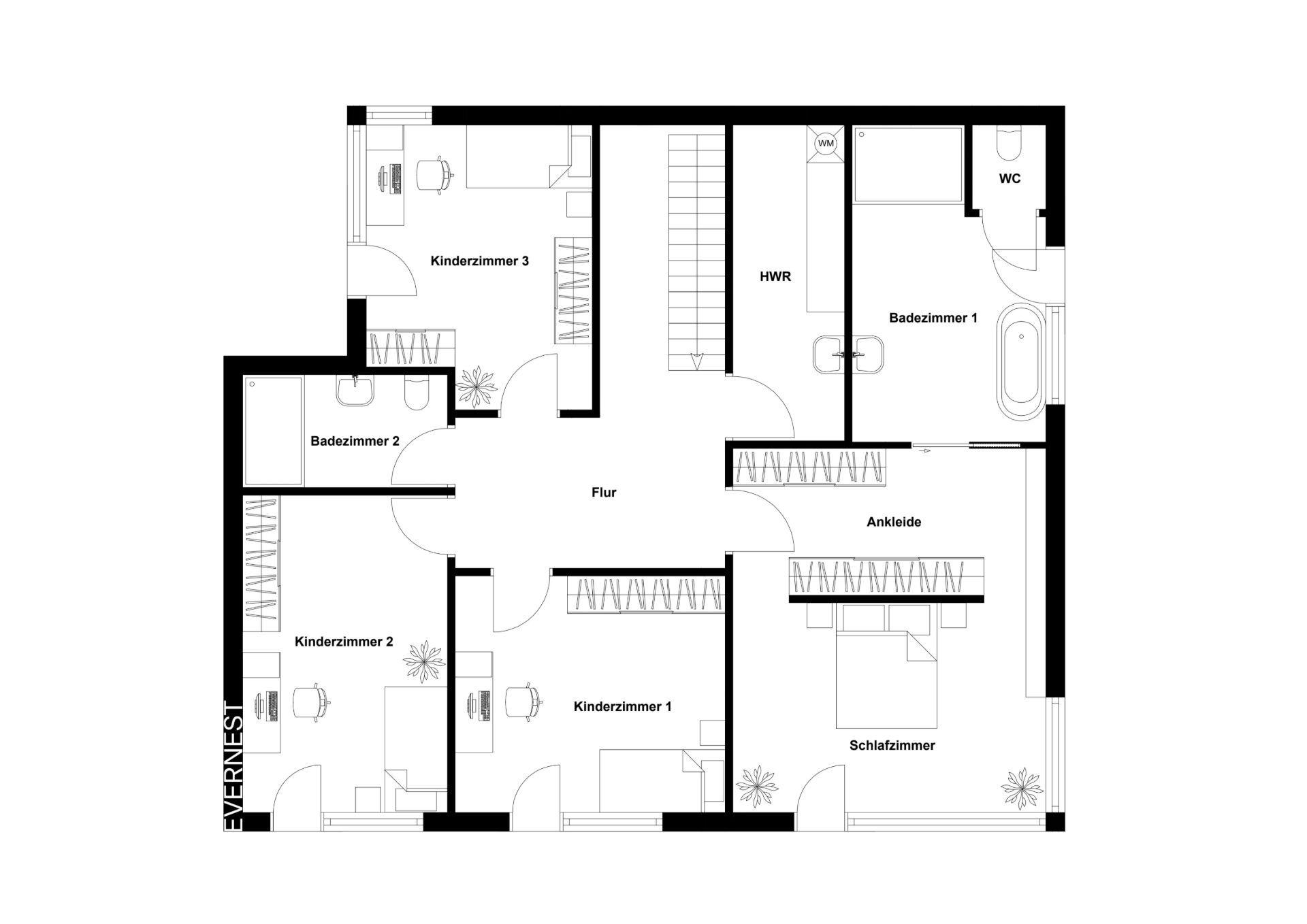 Grundriss zeigt Flur, drei Kinderzimmer, Schlafzimmer, zwei Bäder, WC, HWR und Ankleide.