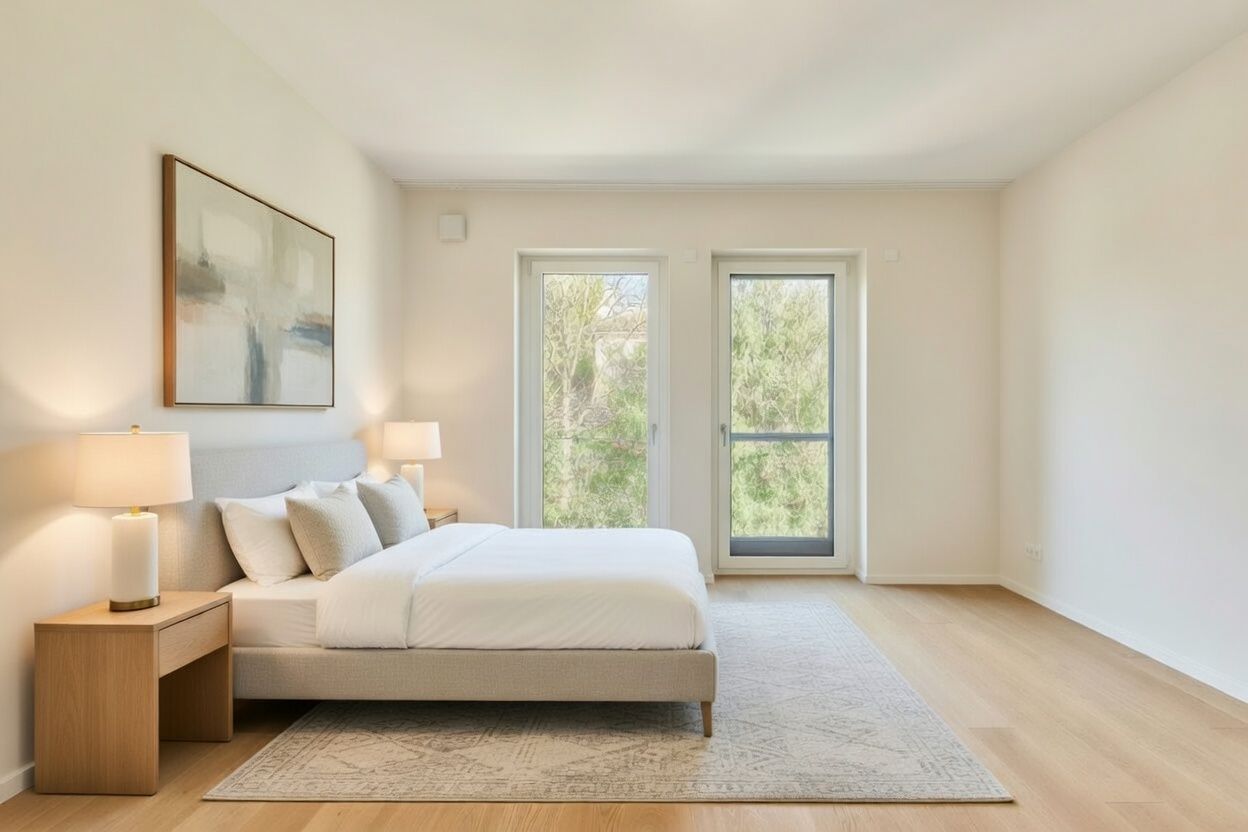 Helles Schlafzimmer mit Doppelbett, zwei Nachttischen, Lampen und großem Fenster.
