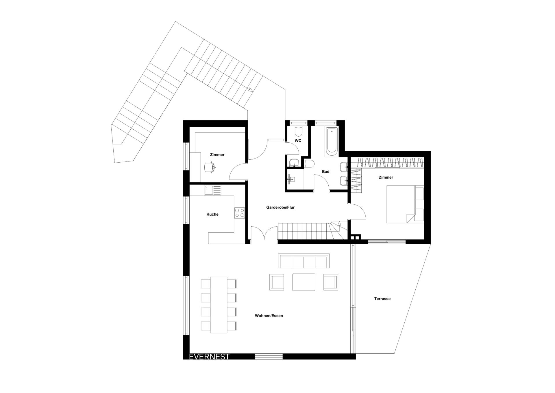 Grundriss einer Wohnung mit Wohnzimmer, Küche, zwei Zimmern, Bad, WC und Terrasse.
