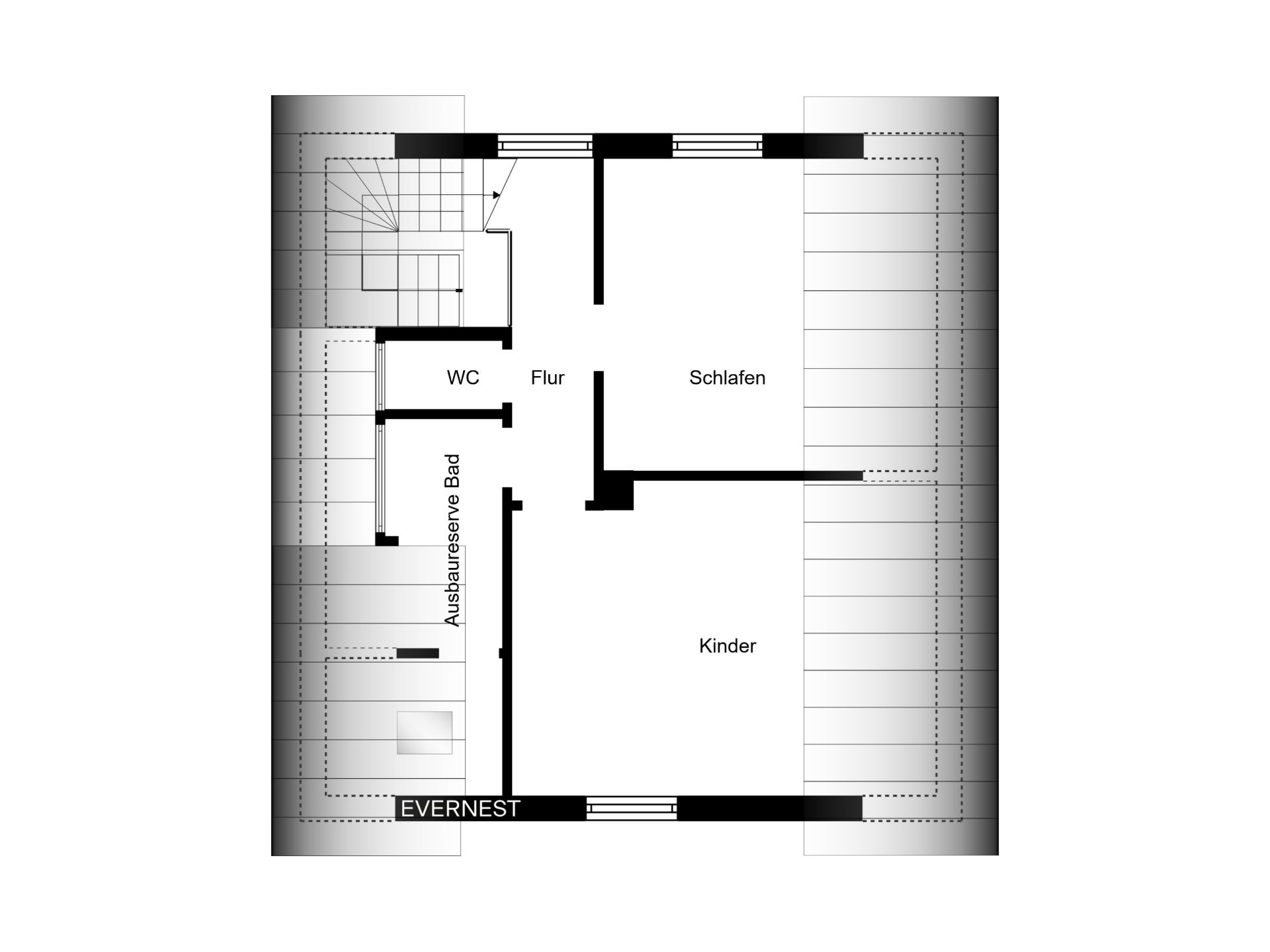 Grundriss mit Schlafzimmer, Kinderzimmer, WC, Bad und Flur.