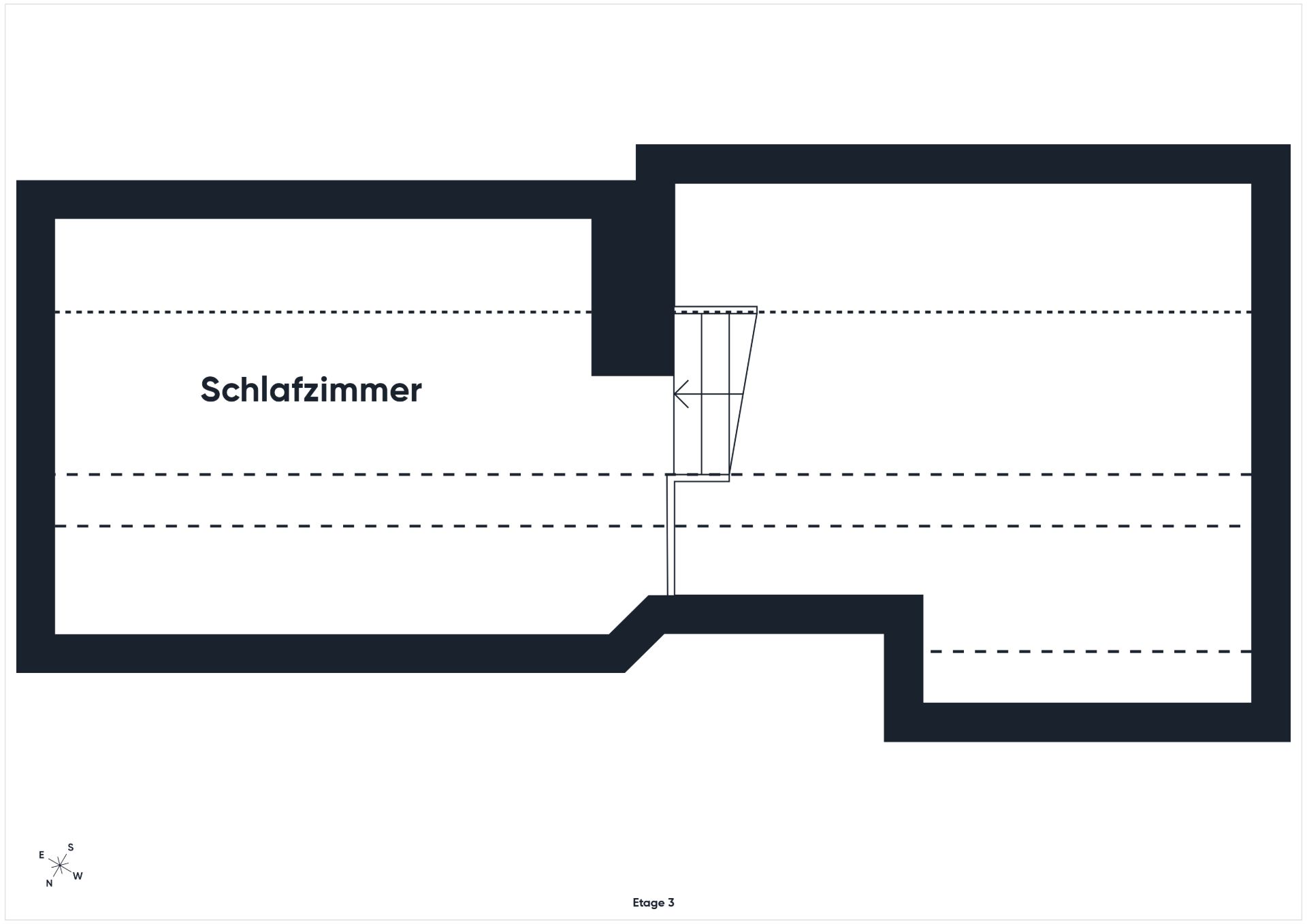 Grundriss mit einem Schlafzimmer und einer Treppe in einem Wohnhaus.