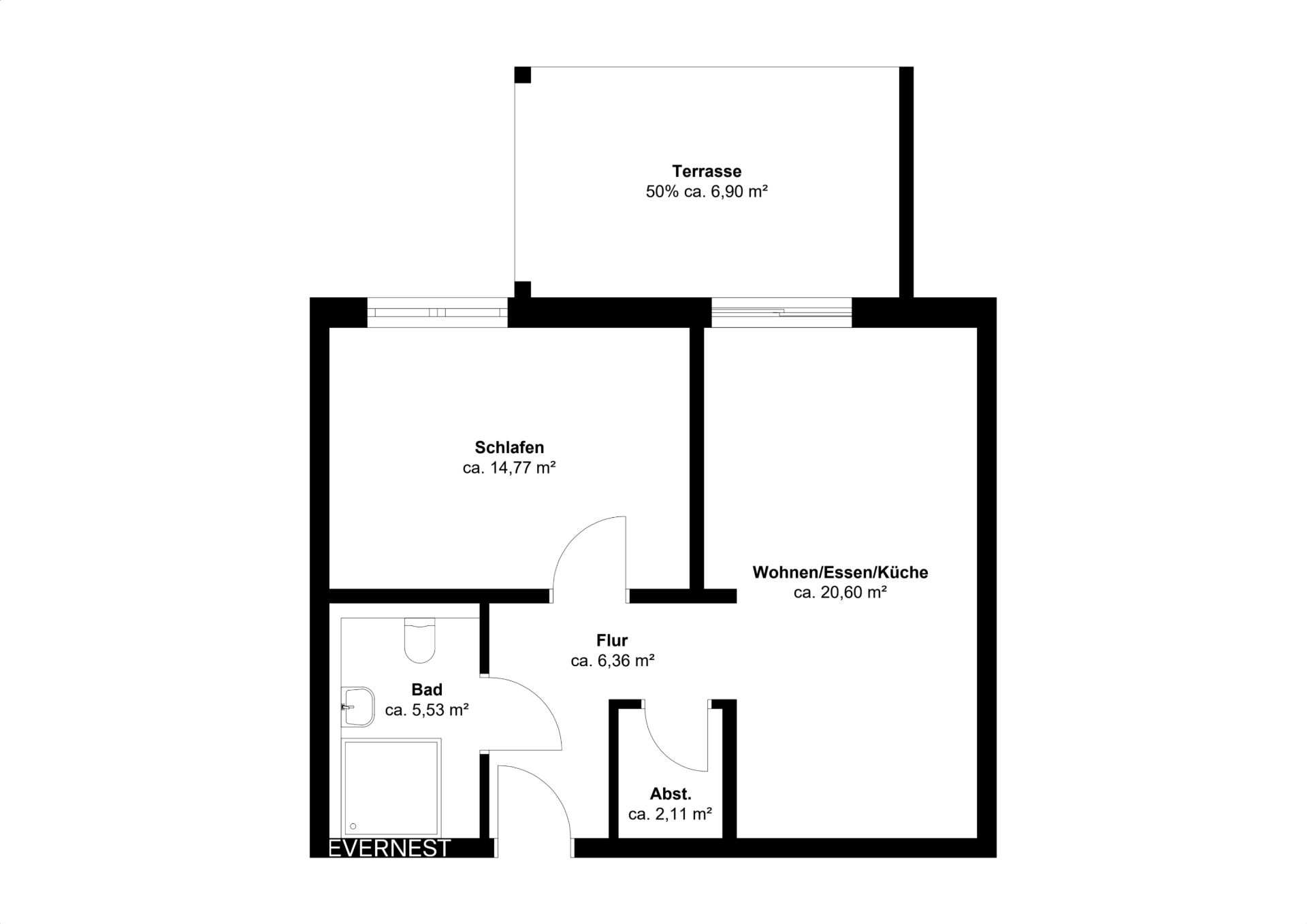 Grundriss einer Wohnung mit Schlafzimmer, Wohnbereich, Bad, Abstellraum, Flur und Terrasse.