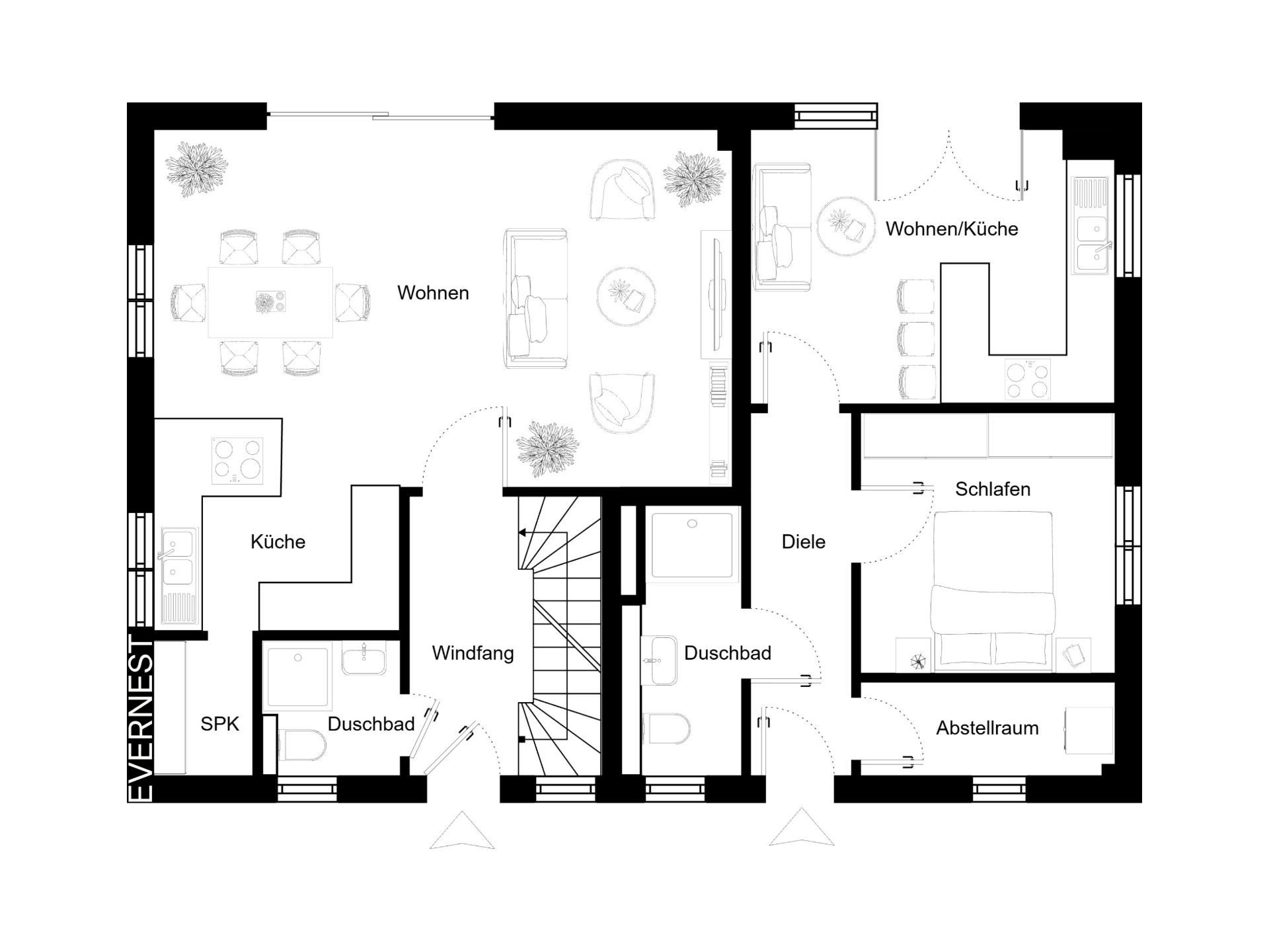 Grundriss einer Wohnung mit Wohnzimmer, Küche, Schlafzimmer, zwei Bädern und Abstellraum.