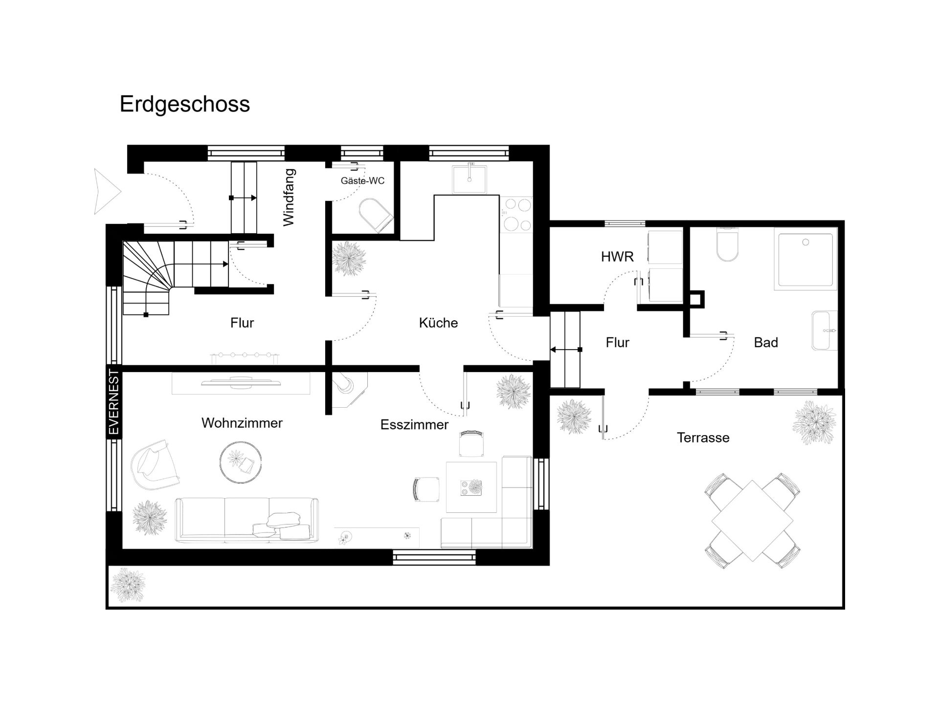 Grundriss des Erdgeschosses mit Wohnzimmer, Esszimmer, Küche, Bad und Terrasse.