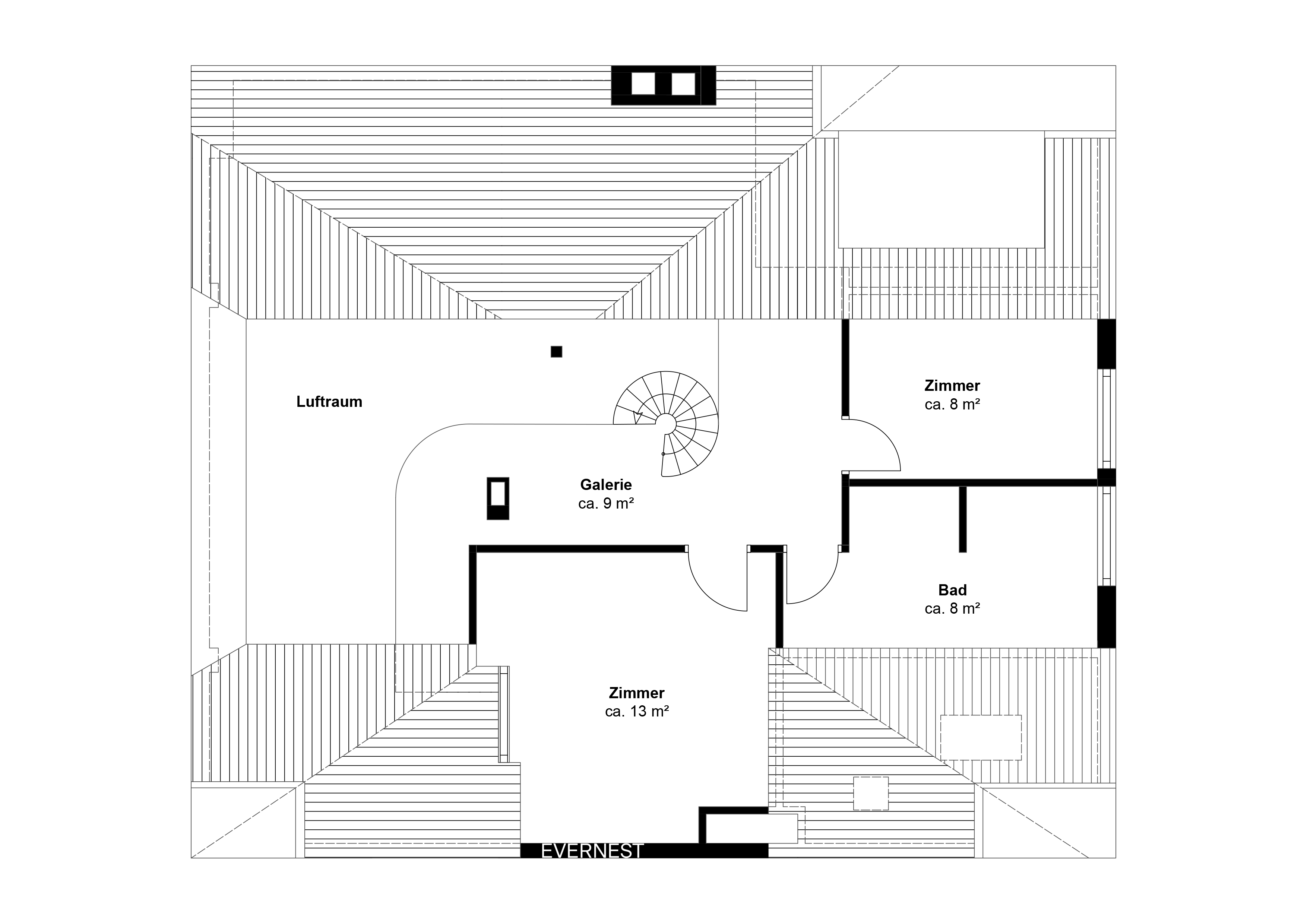 Grundriss mit zwei Zimmern, Bad, Galerie und Luftraum, verbunden durch eine Treppe.