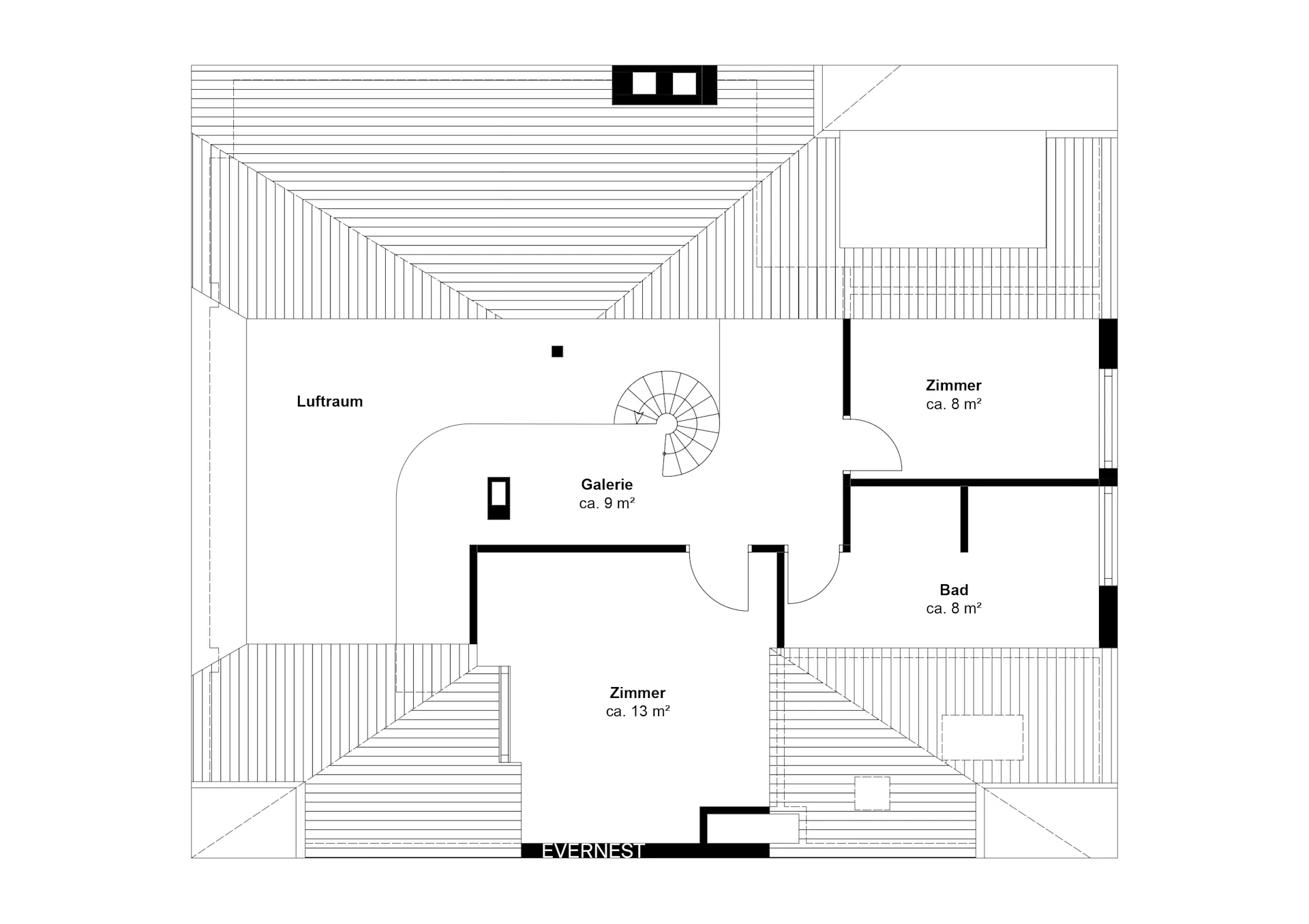Grundriss mit zwei Zimmern, Bad, Galerie und Luftraum, verbunden durch eine Treppe.