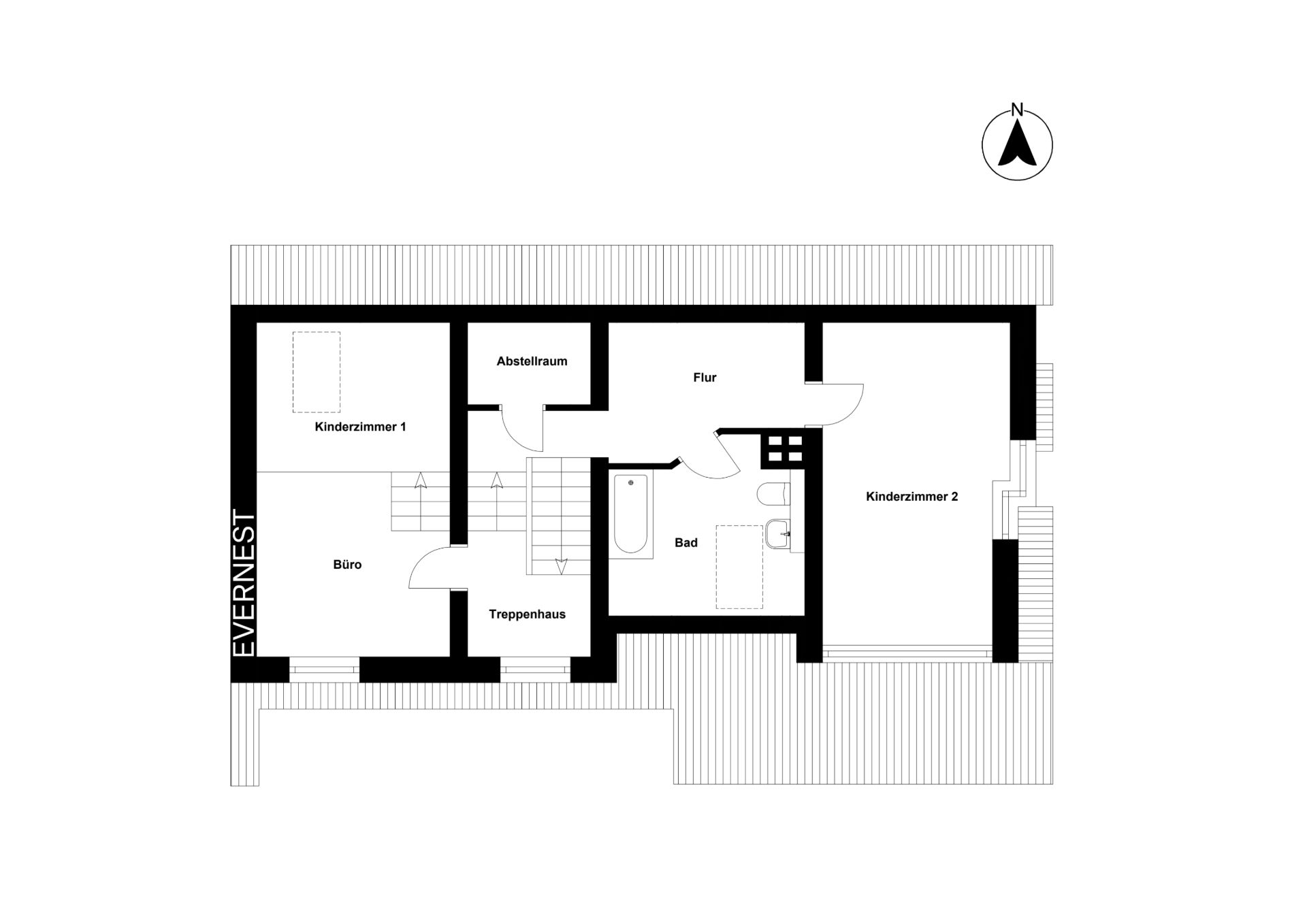 Grundriss mit zwei Kinderzimmern, Büro, Abstellraum, Flur, Treppenhaus und Bad.