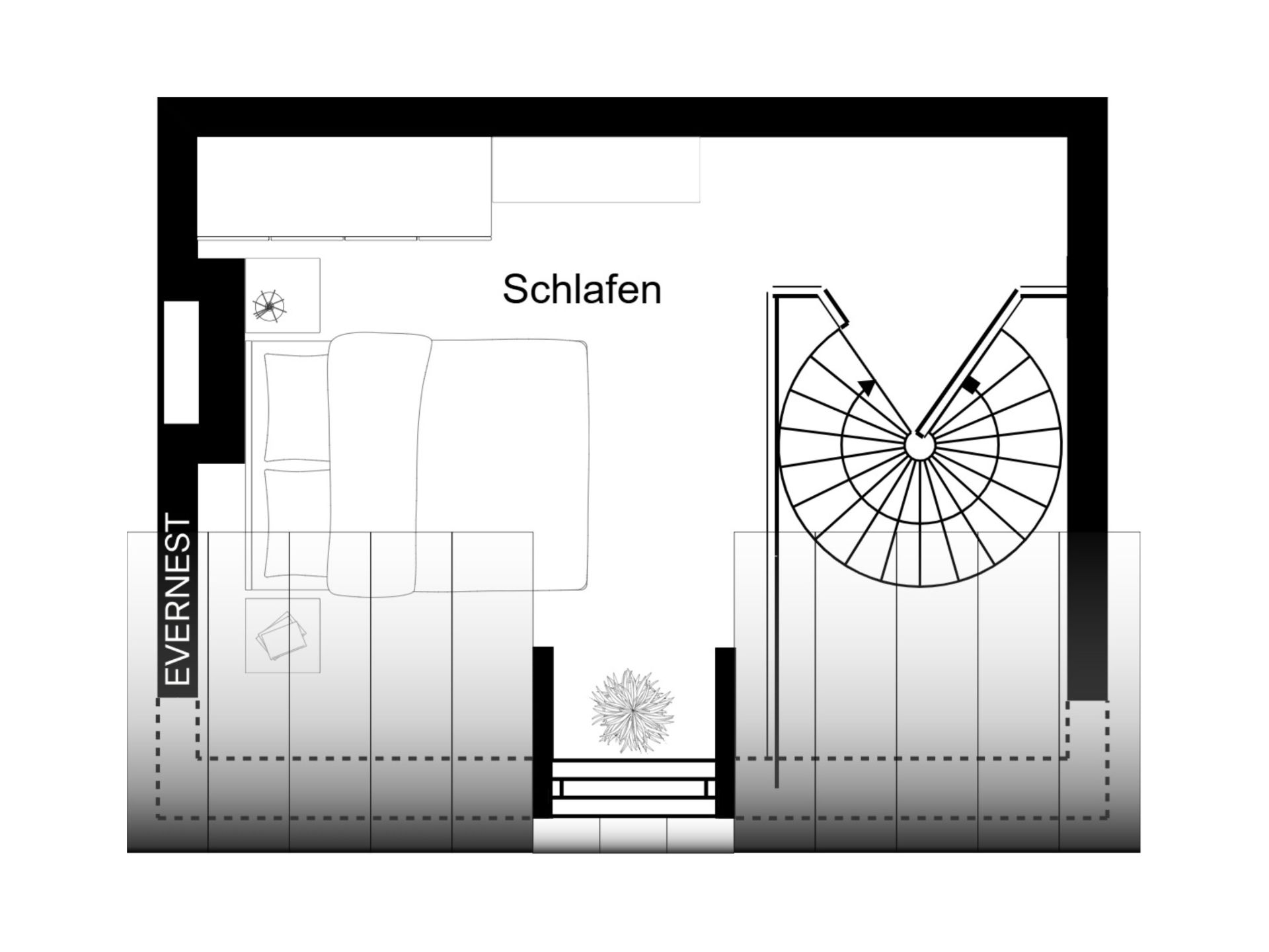Grundriss eines Schlafzimmers mit Doppelbett und Wendeltreppe.