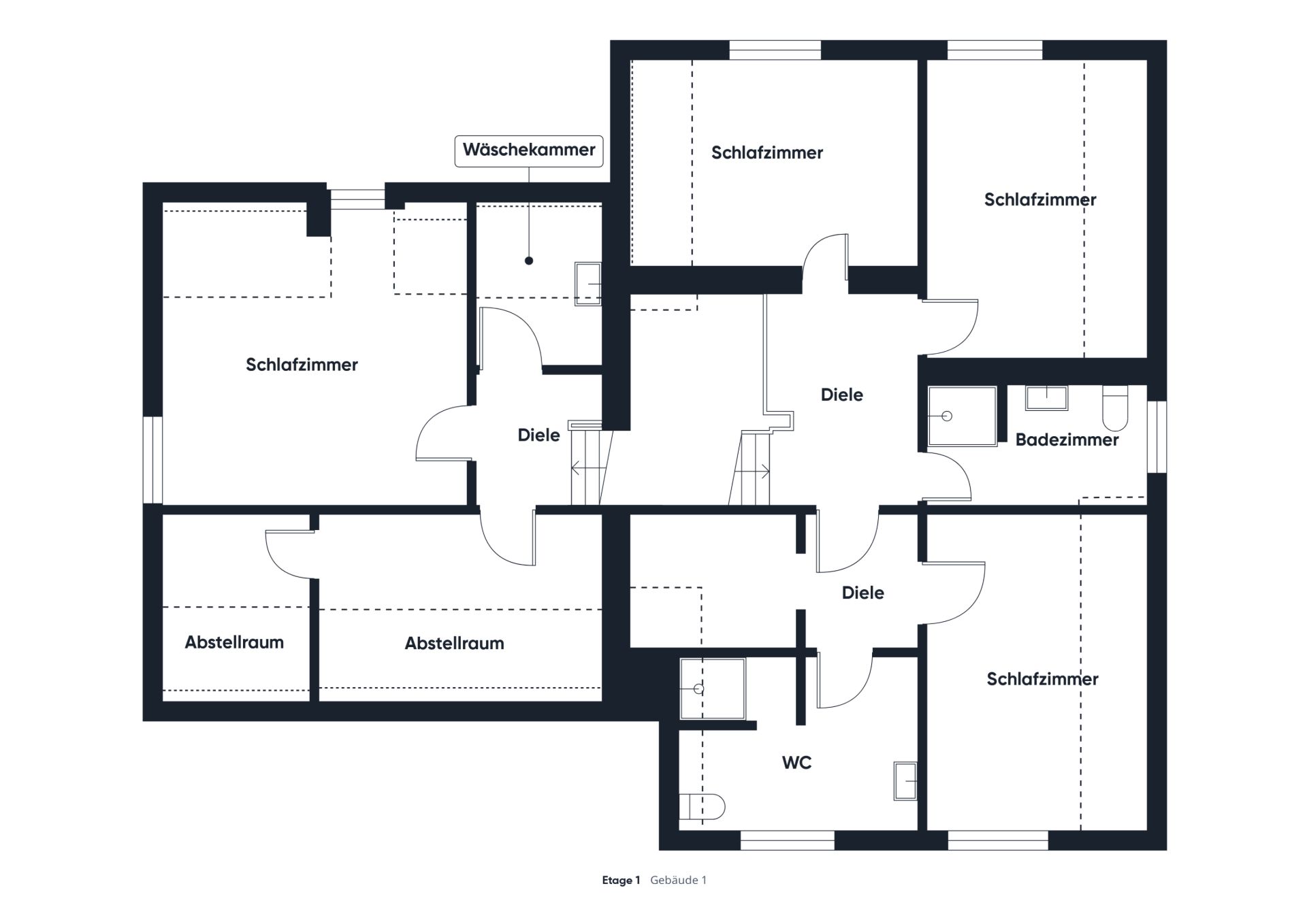 Grundriss mit vier Schlafzimmern, Badezimmer, WC, zwei Abstellräumen und Waschküche.