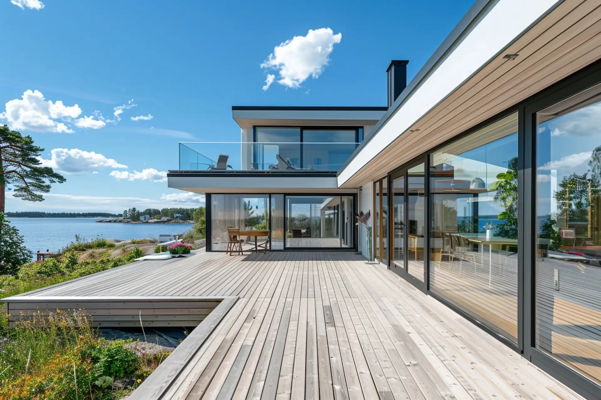 Modernes Haus mit großer Holzterrasse und Glasfassade am Seeufer bei sonnigem Wetter.