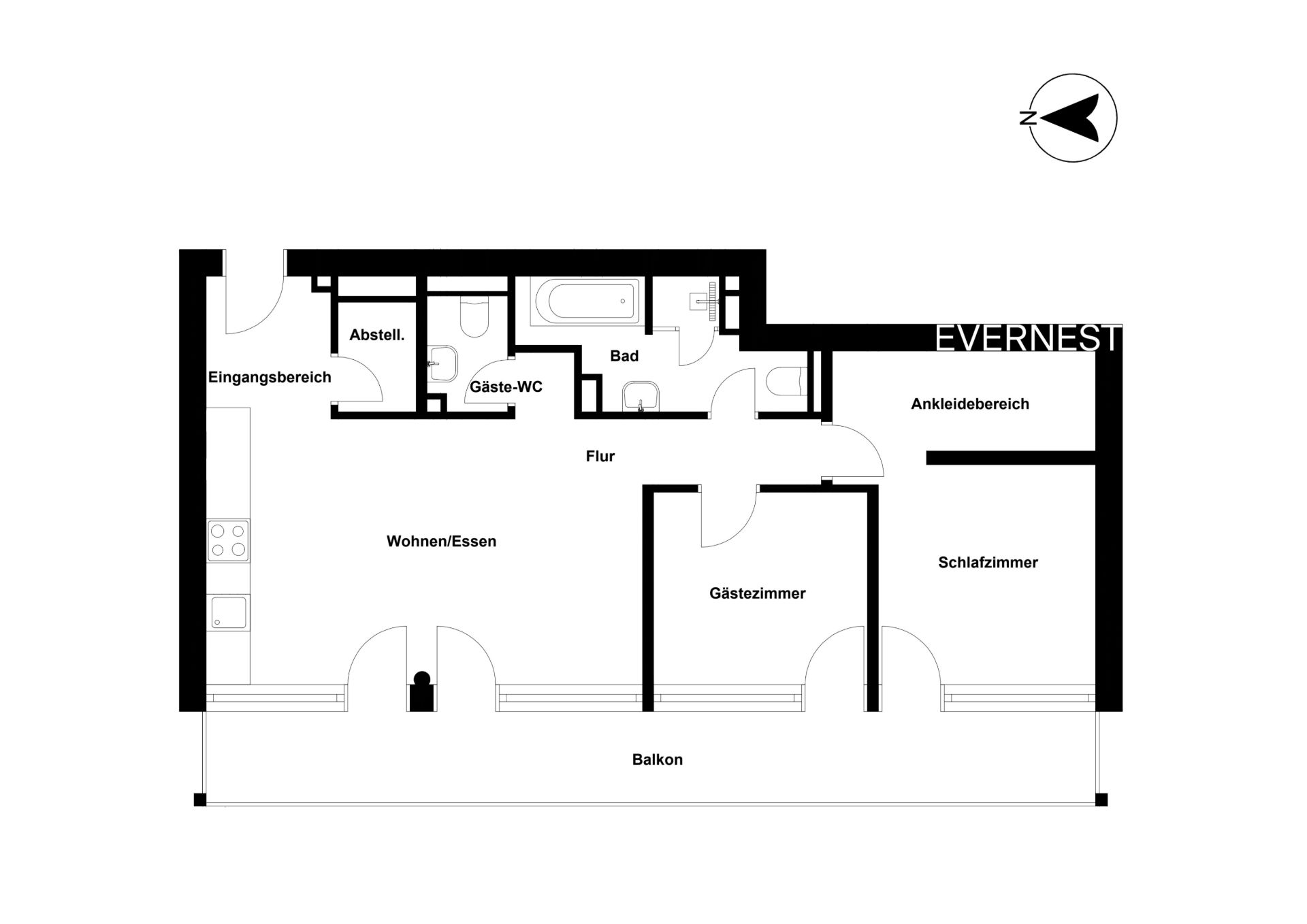 Grundriss einer Wohnung mit Wohnzimmer, Schlafzimmer, Gästezimmer, Bad, Gäste-WC, Abstellraum und Balkon.