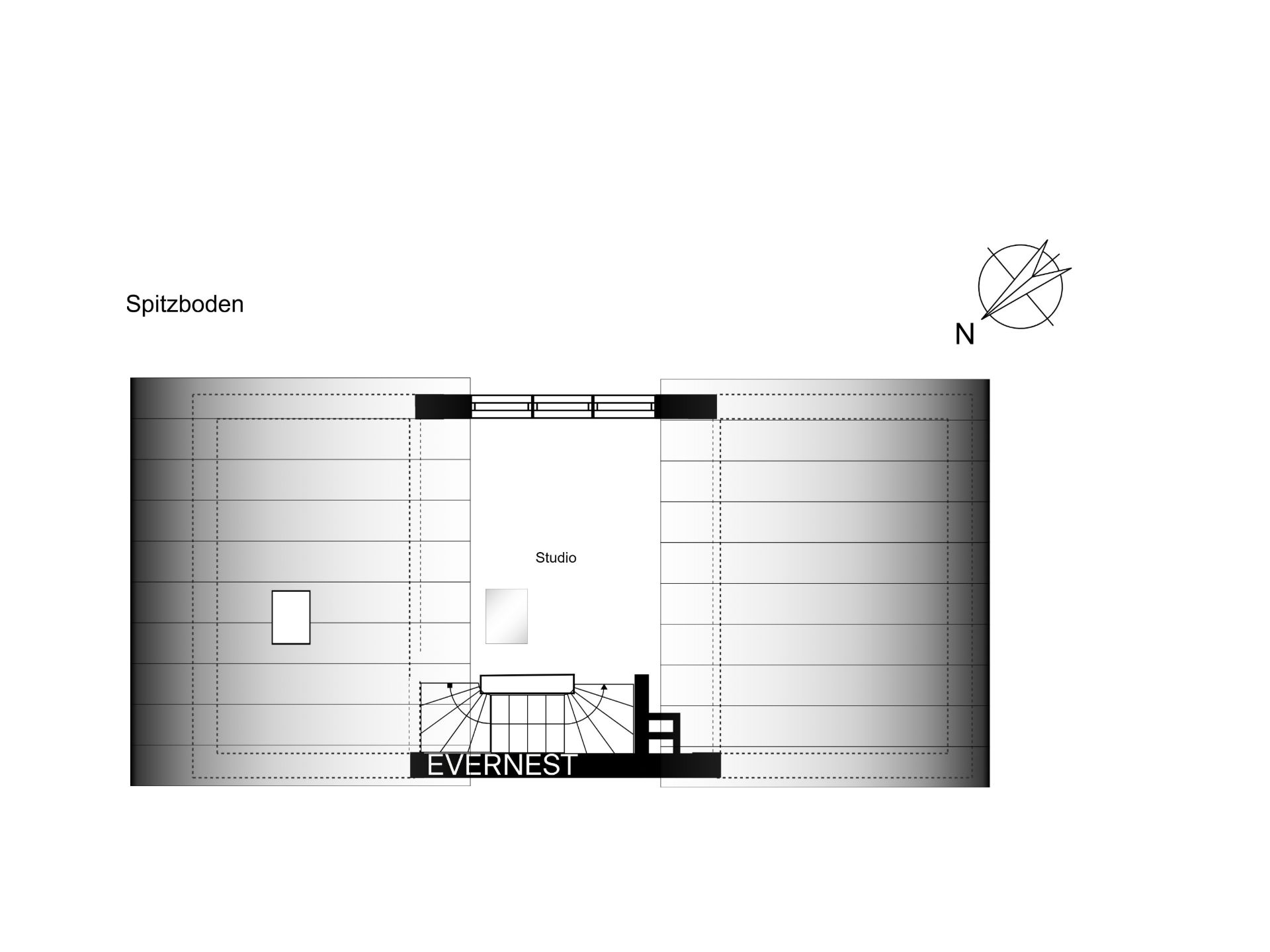 Grundriss eines Spitzbodens mit Studio und Treppe in der Mitte.