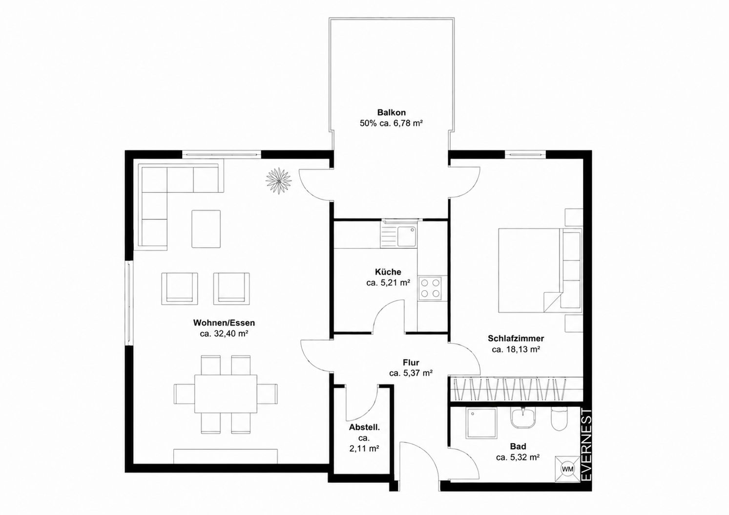 Grundriss einer Wohnung mit Wohnzimmer, Schlafzimmer, Küche, Bad, Abstellraum, Flur und Balkon.