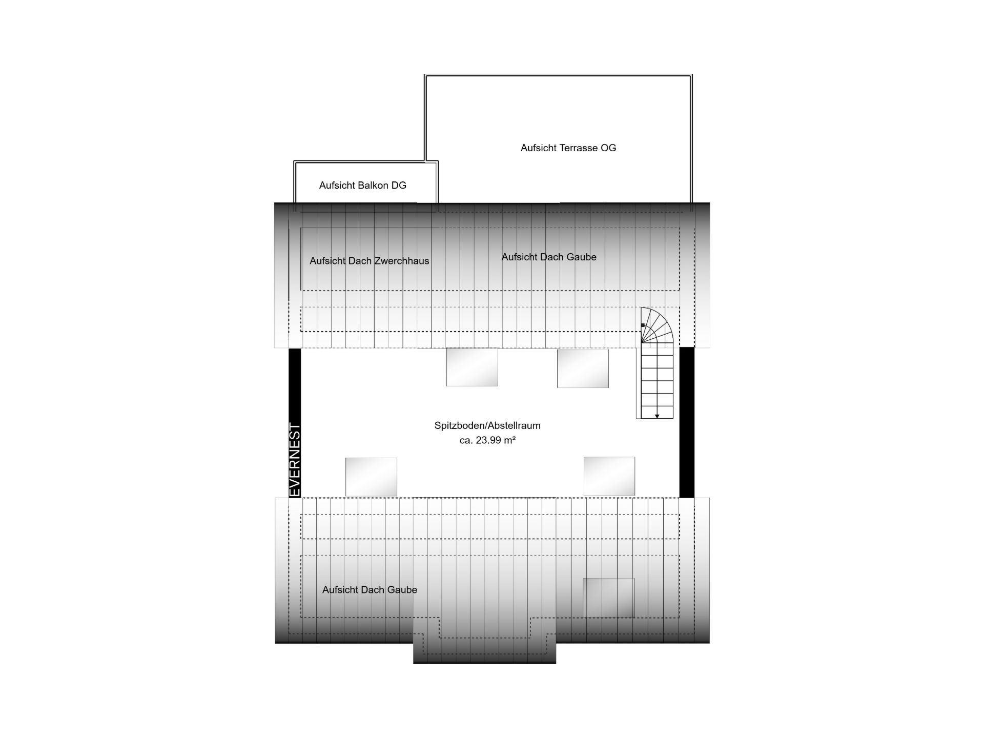 Grundriss eines Spitzbodens mit Abstellraum, Treppe, Balkon und Terrasse.