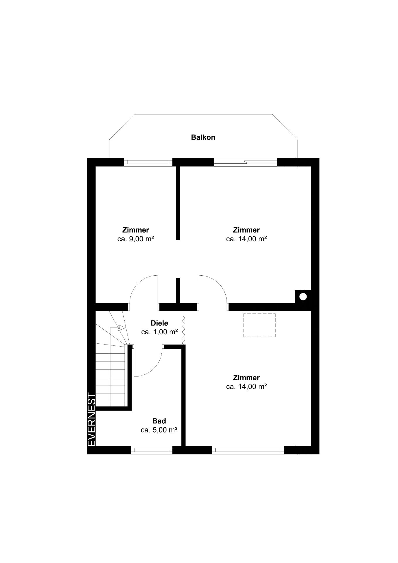 Grundriss mit drei Zimmern, Bad, Diele und Balkon, Flächenangaben in Quadratmetern.