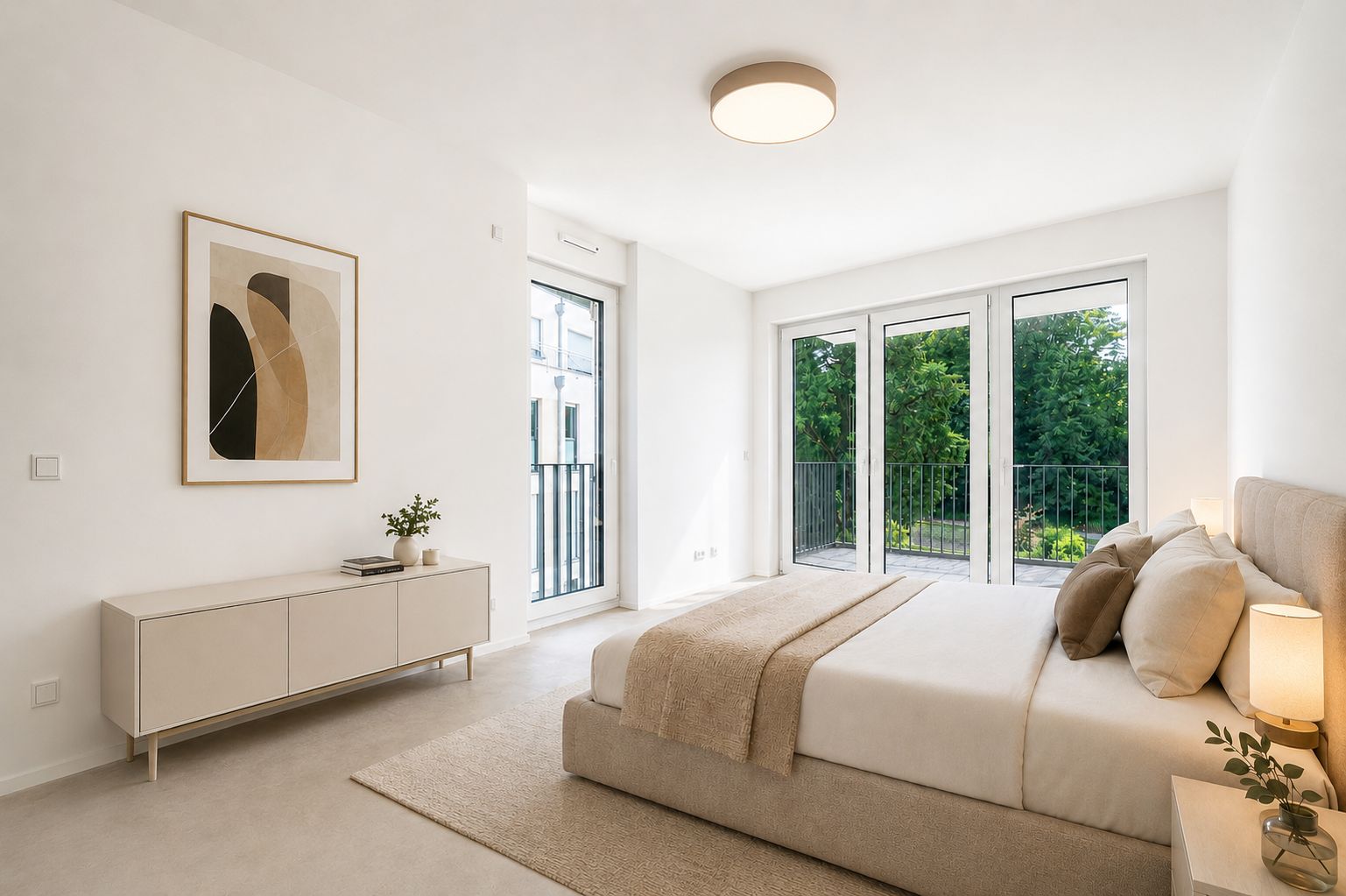 Helles Schlafzimmer mit Doppelbett, Nachttischlampen, Kommode und großen Fenstern mit Blick ins Grüne.