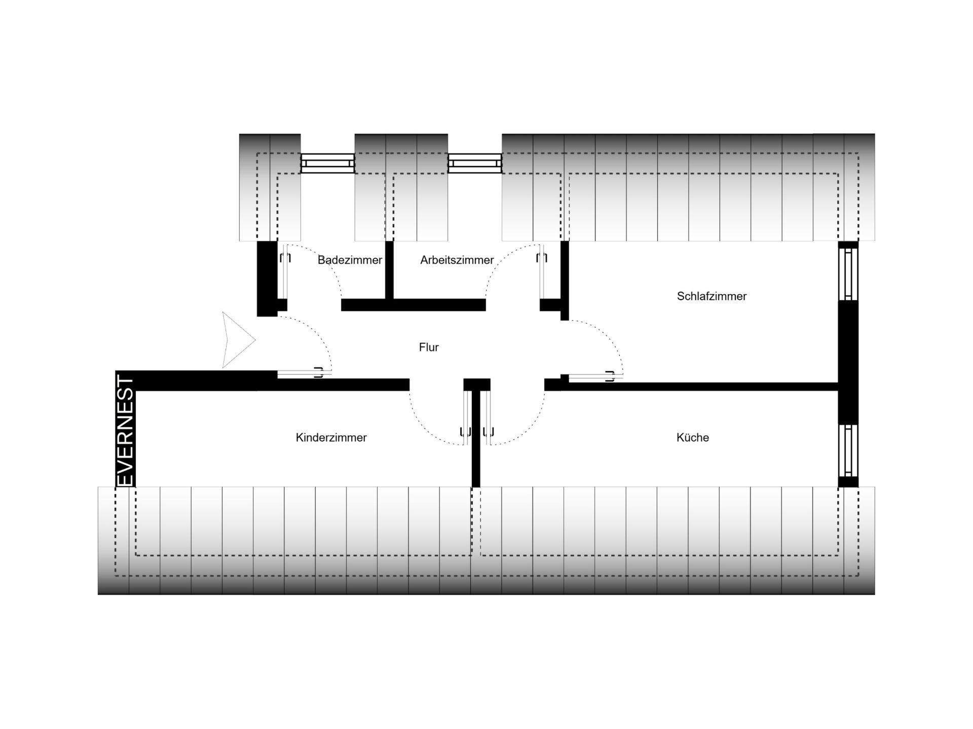 Grundriss mit Flur, Schlafzimmer, Kinderzimmer, Küche, Arbeitszimmer und Badezimmer.