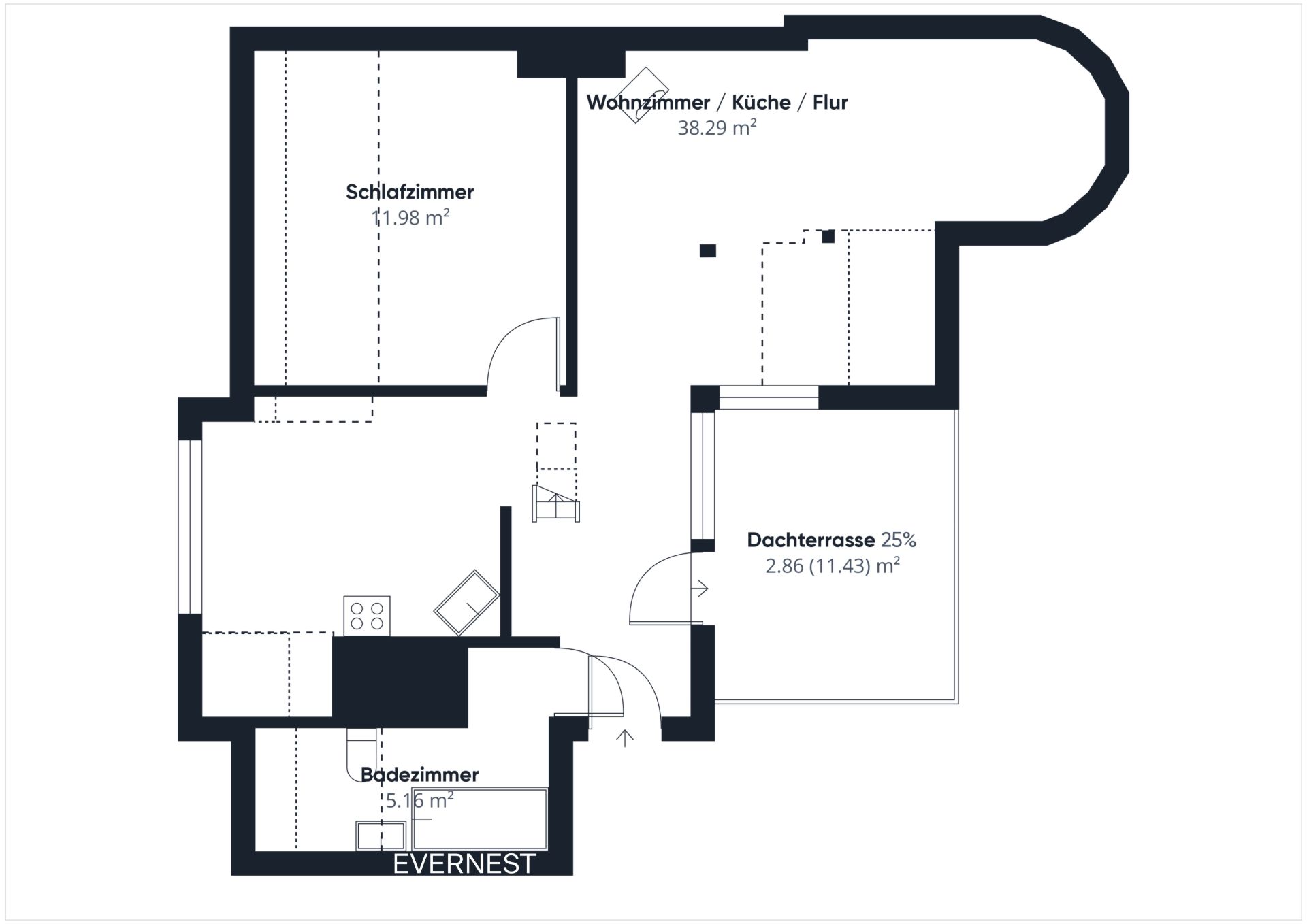 Grundriss einer Wohnung mit Schlafzimmer, Wohnzimmer, Küche, Badezimmer und Dachterrasse.